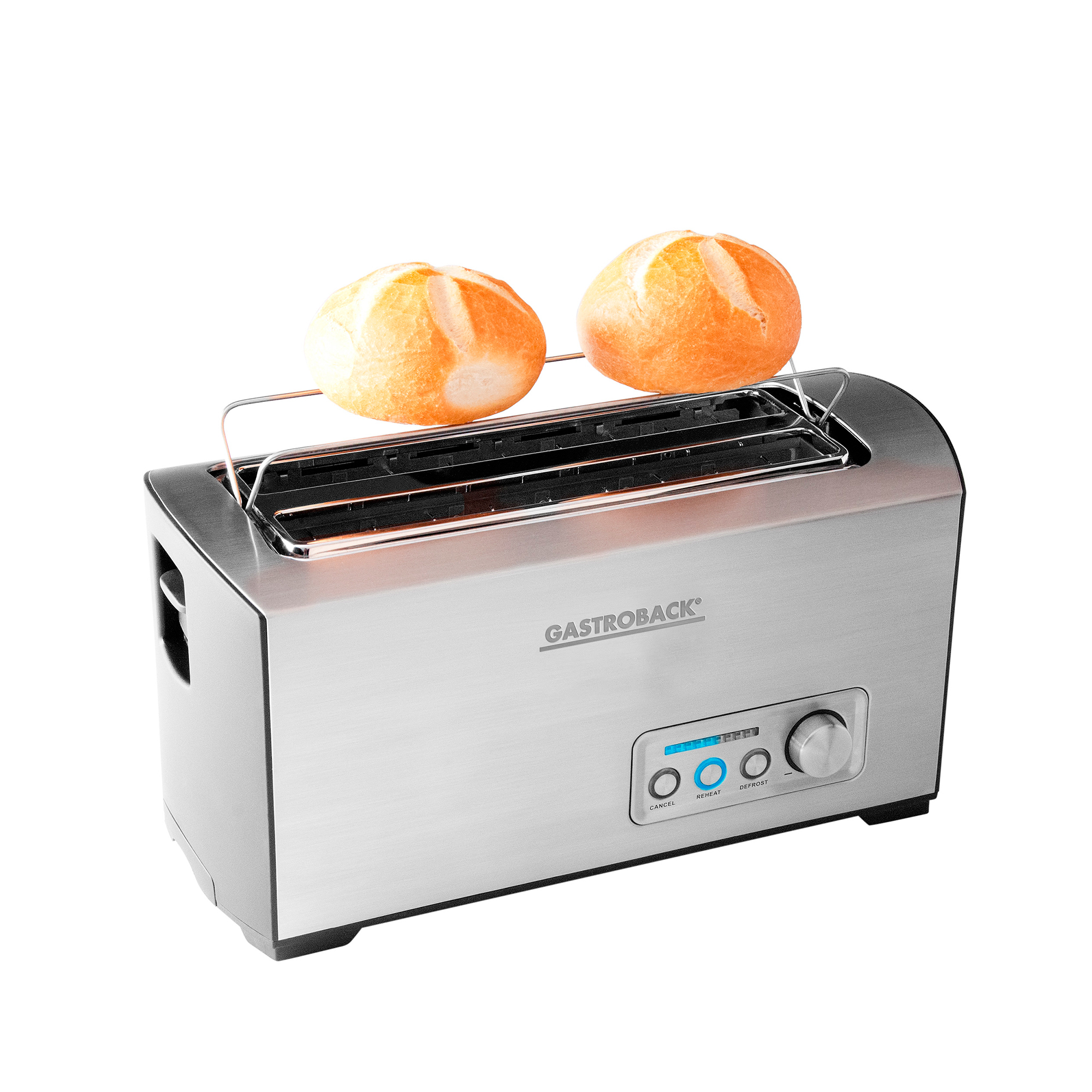 Edelstahl-Toaster mit zwei gerösteten Brötchen oben. Silbernes Gehäuse mit Bedienfeld.