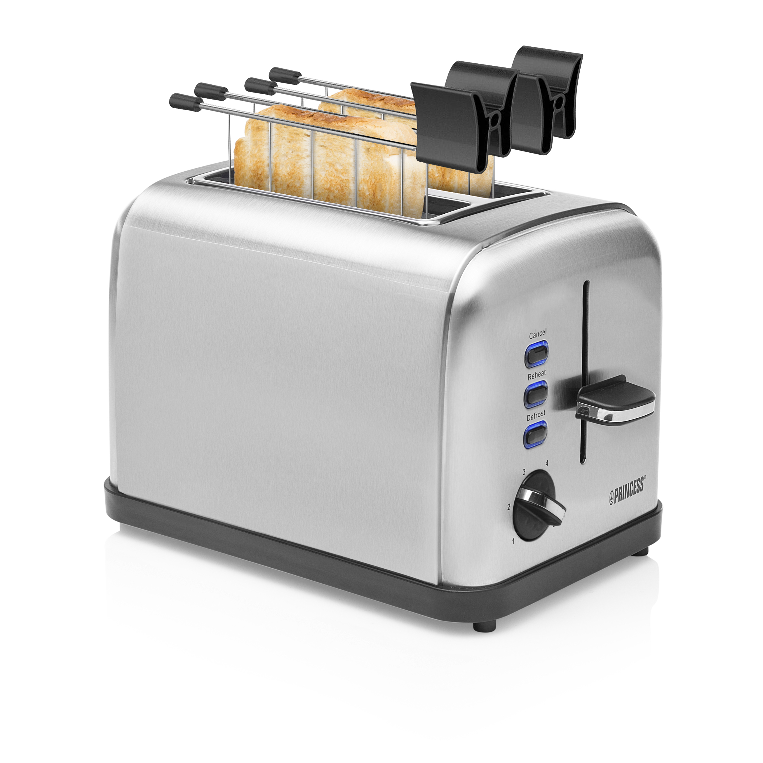 Silberner Toaster mit zwei Toastscheiben und zwei schwarzen Halterungen.