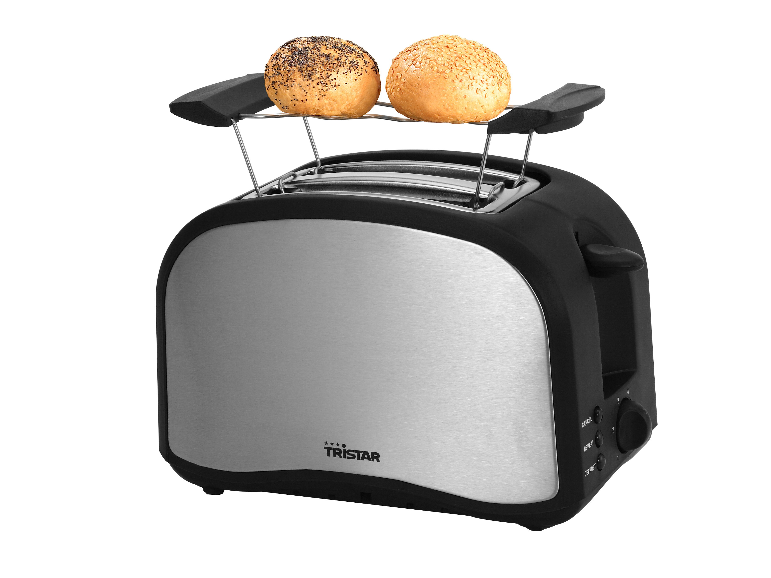 Toaster mit Brötchen oben drauf. Silbernes und schwarzes Design.