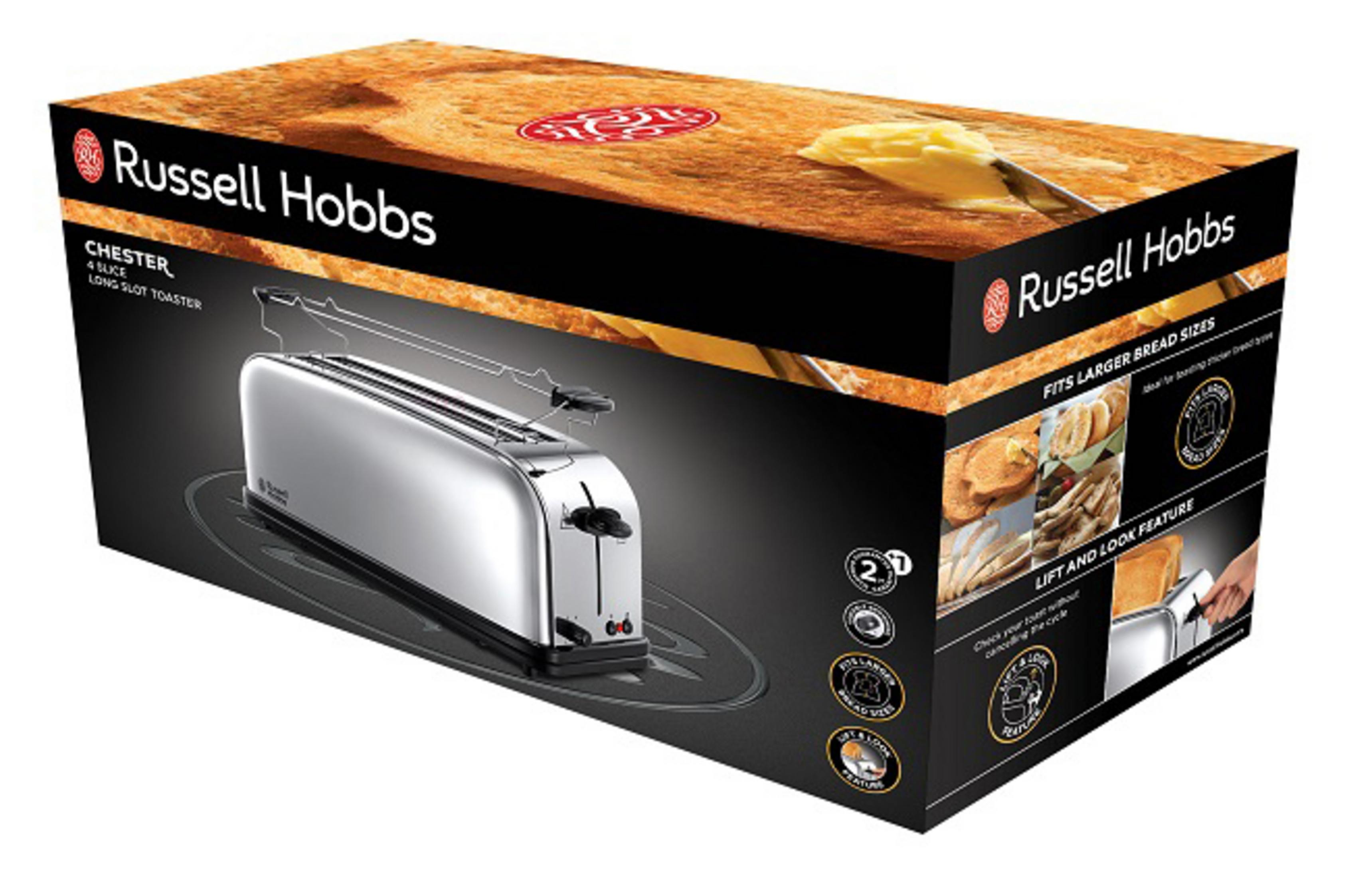 Eine Russell Hobbs Chester Toaster-Box. Die Box zeigt ein Toasterbild und gebutterten Toast.