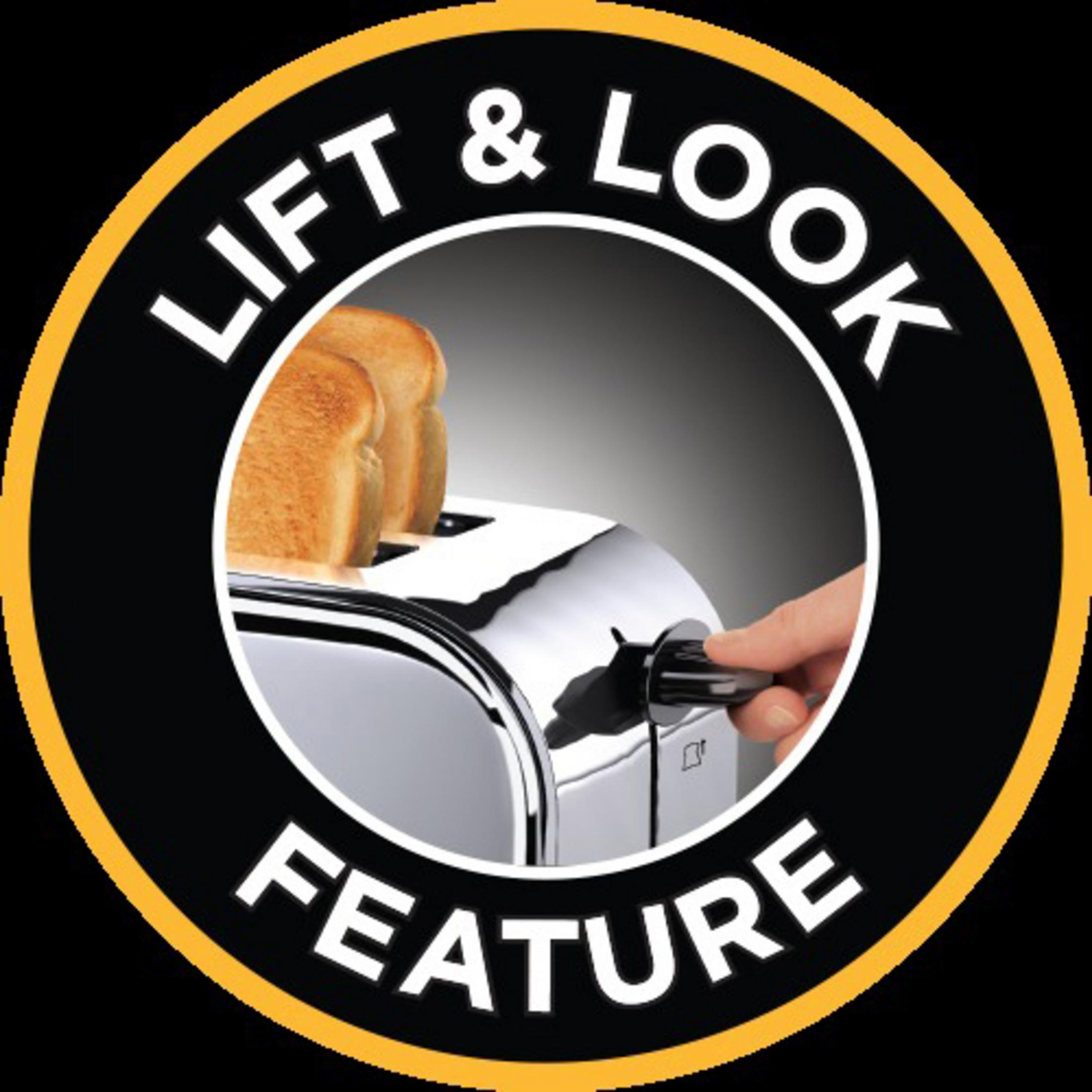 Nahaufnahme eines Toasters mit dem Text 'LIFT & LOOK FEATURE'.