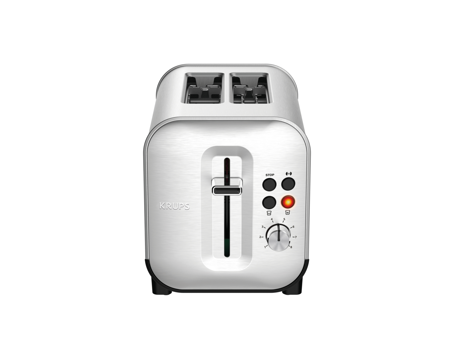 Srebrny toster z dwoma otworami. Marka to KRUPS. Widoczne przyciski i dźwignia.
