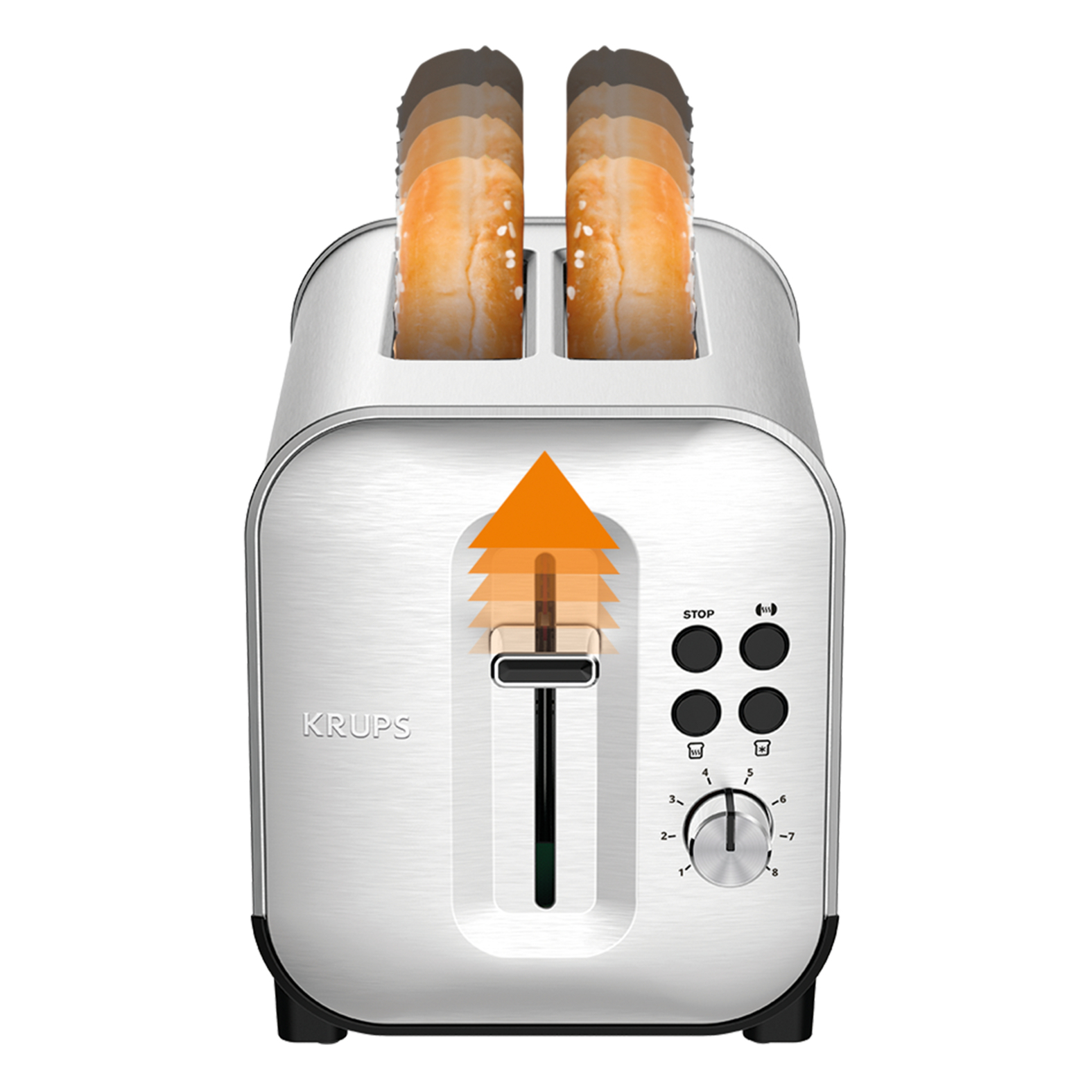 Srebrny toster z dwoma tostami, ze strzałką.