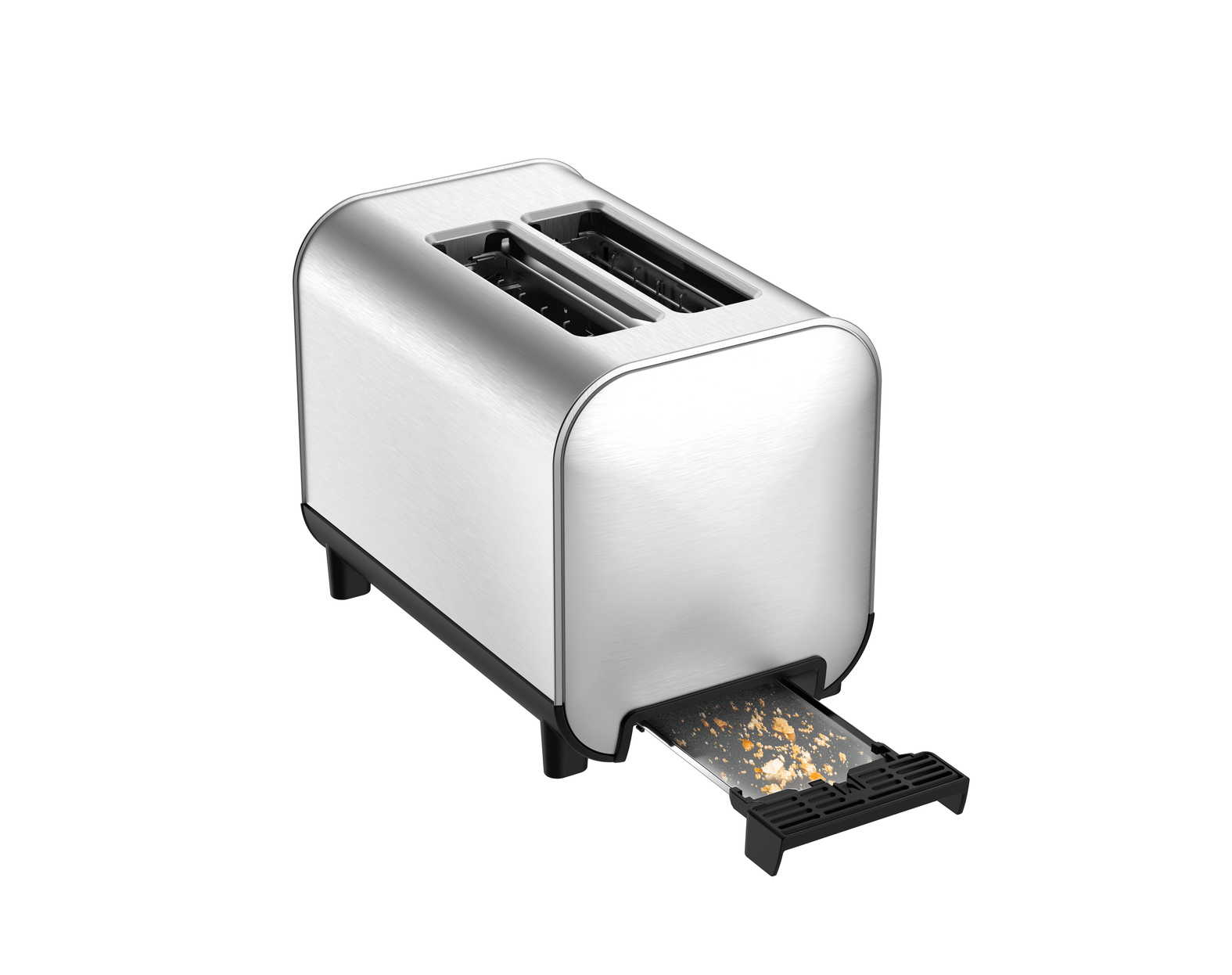 Srebrny toster z dwoma otworami. Taca na okruchy jest częściowo otwarta, widać okruchy.