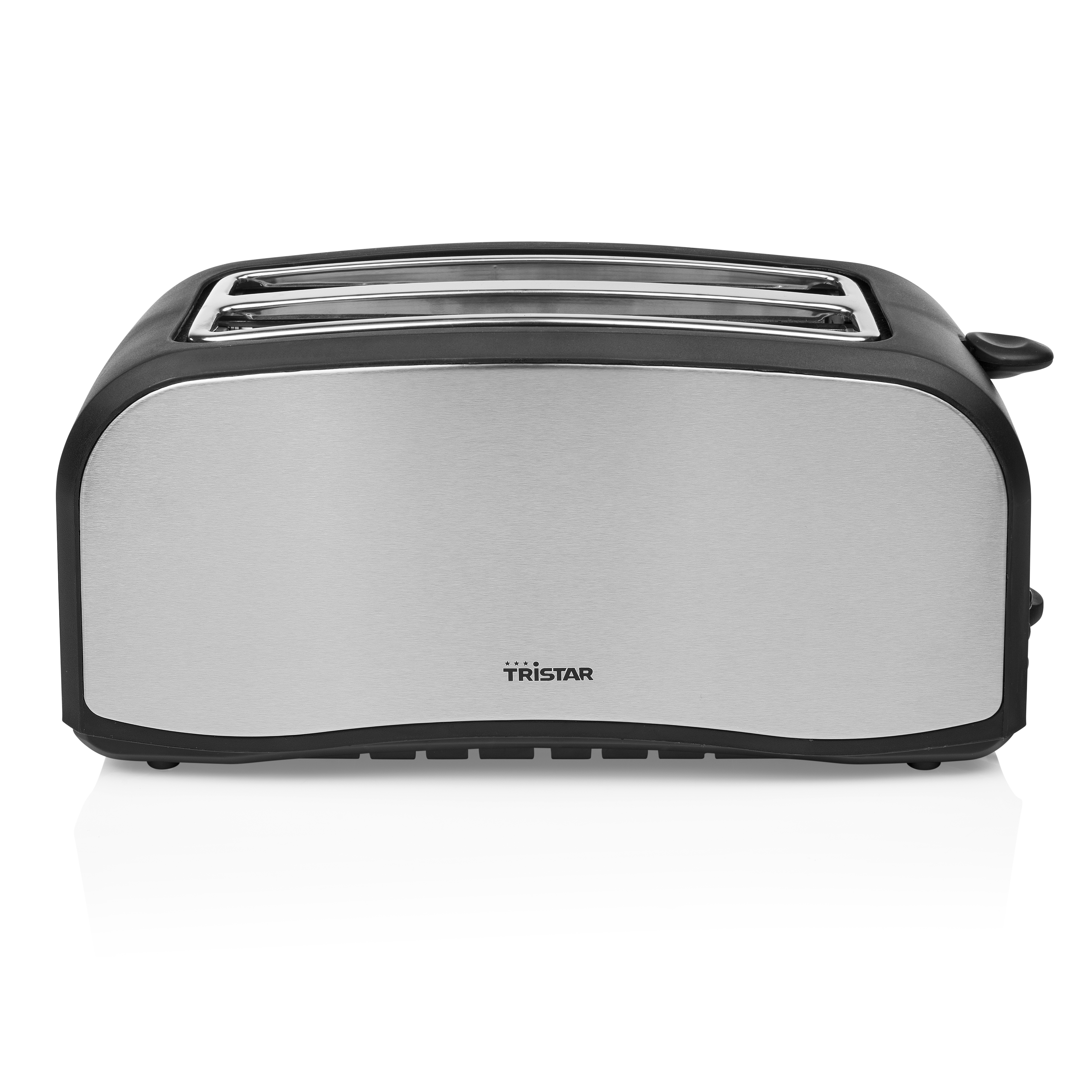 Czarny i srebrny toster. Ma logo Tristar i dwa otwory na chleb.