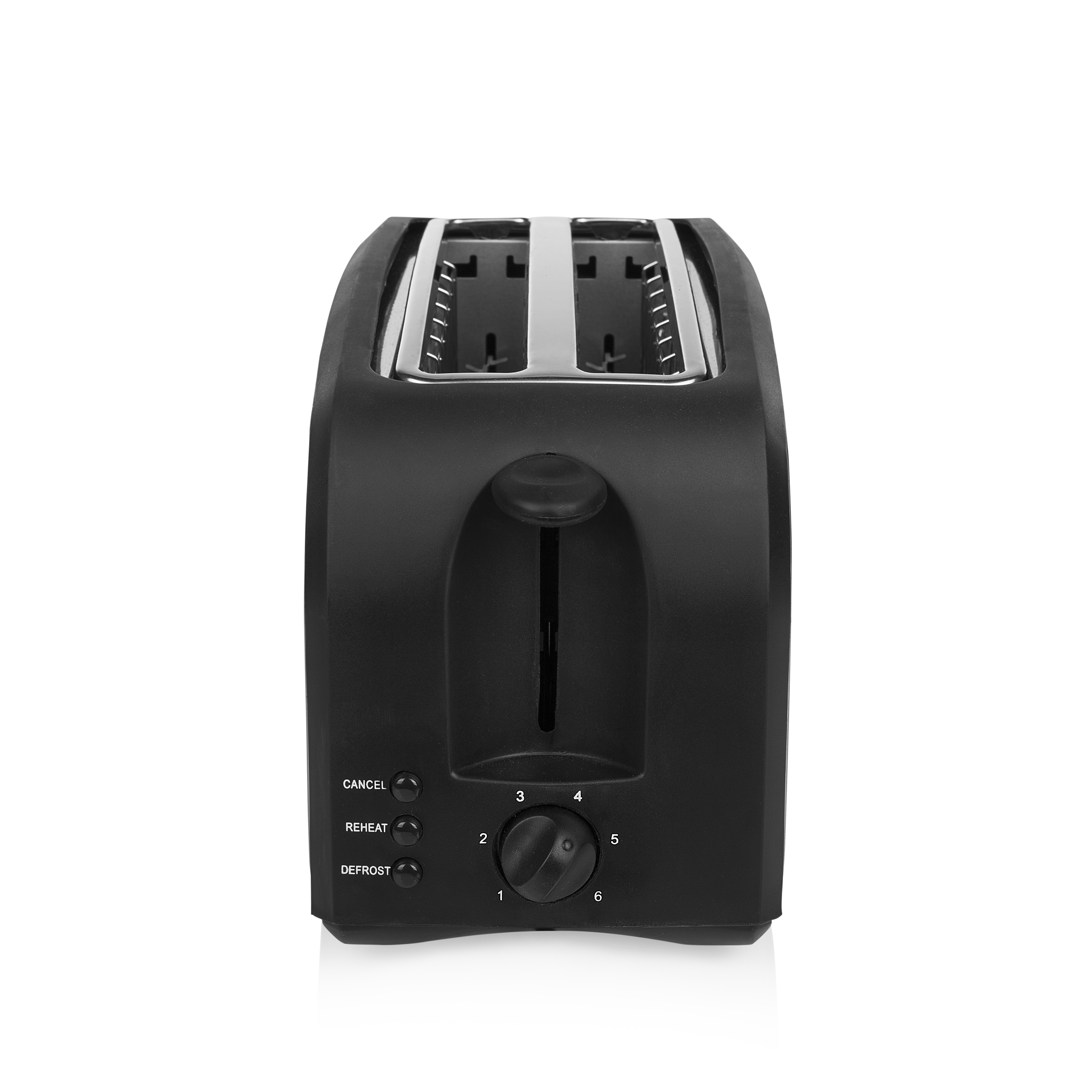 Czarny toster z otworami na chleb. Posiada przyciski anuluj, podgrzej, rozmrażaj i ustawienia 1-6.