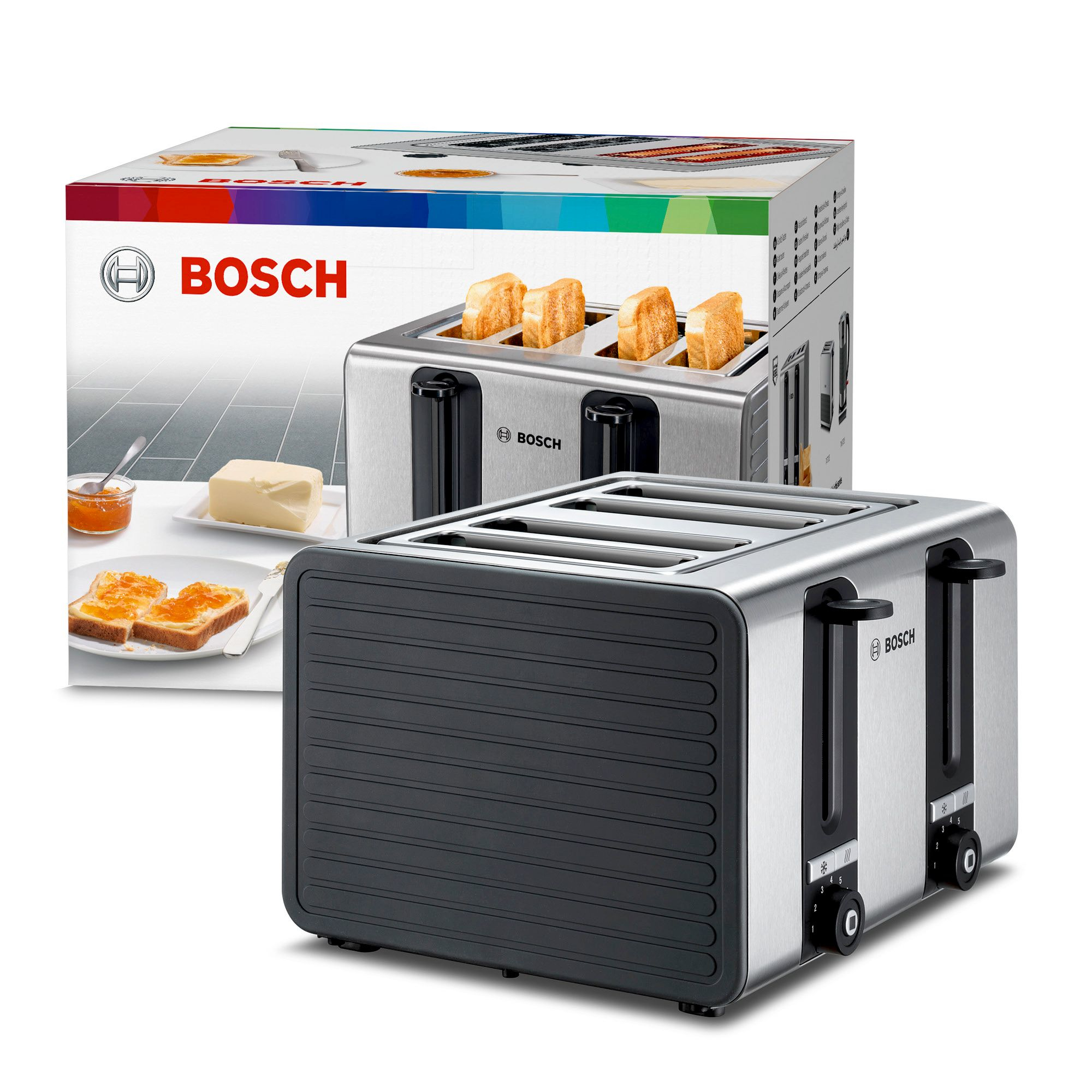 Silberner Bosch Toaster mit schwarzen Akzenten, Toast und Marmelade. Box im Hintergrund.