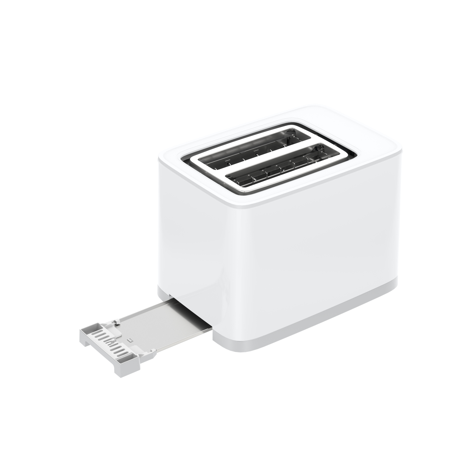 Ein weißer Toaster mit zwei Schlitzen und einem Krümelbehälter. Das Fach ist herausgezogen. Isoliert auf Weiß.