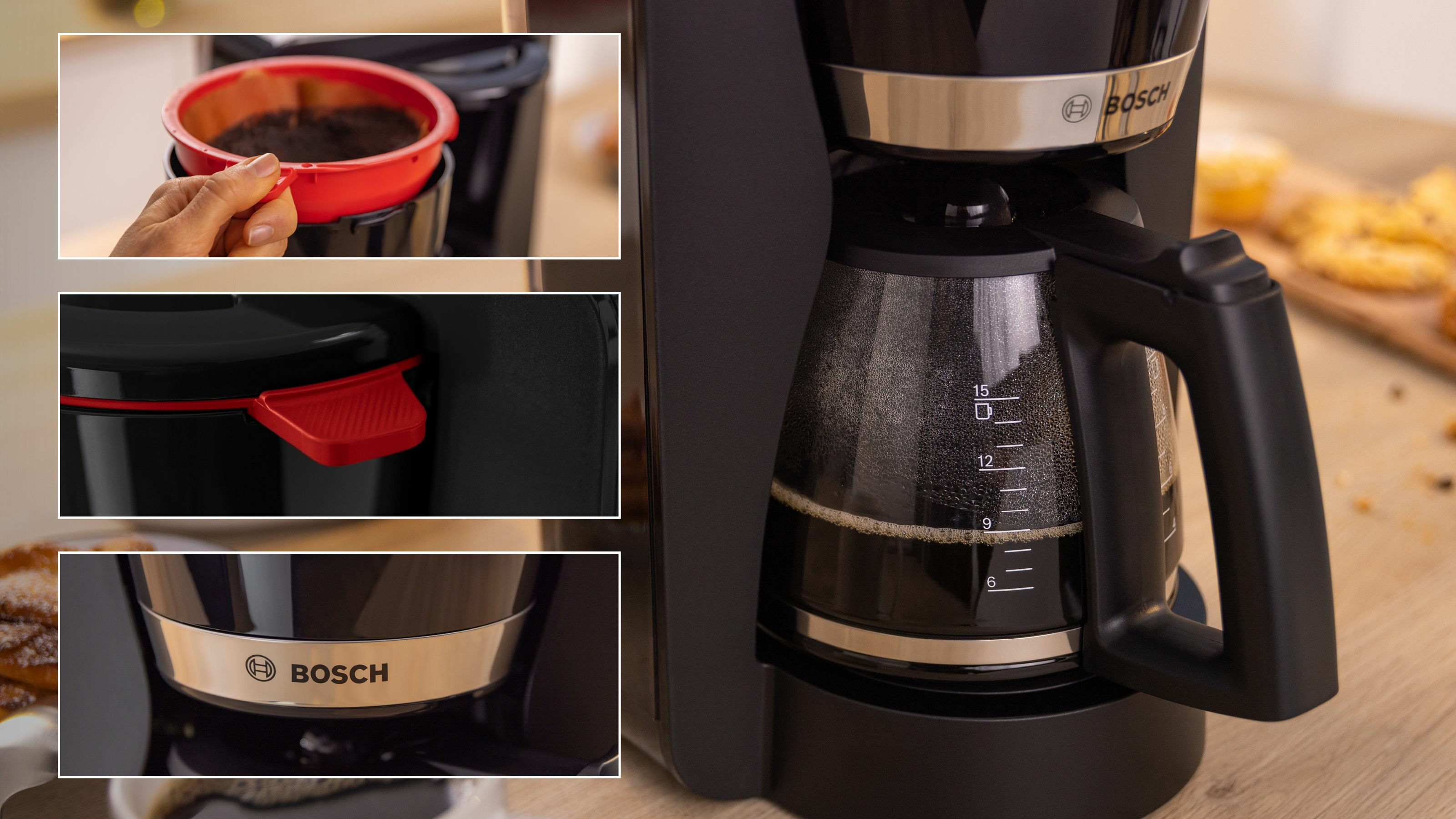 Zbliżenia czarnego ekspresu do kawy Bosch, ze szczegółami filtra i karafki.