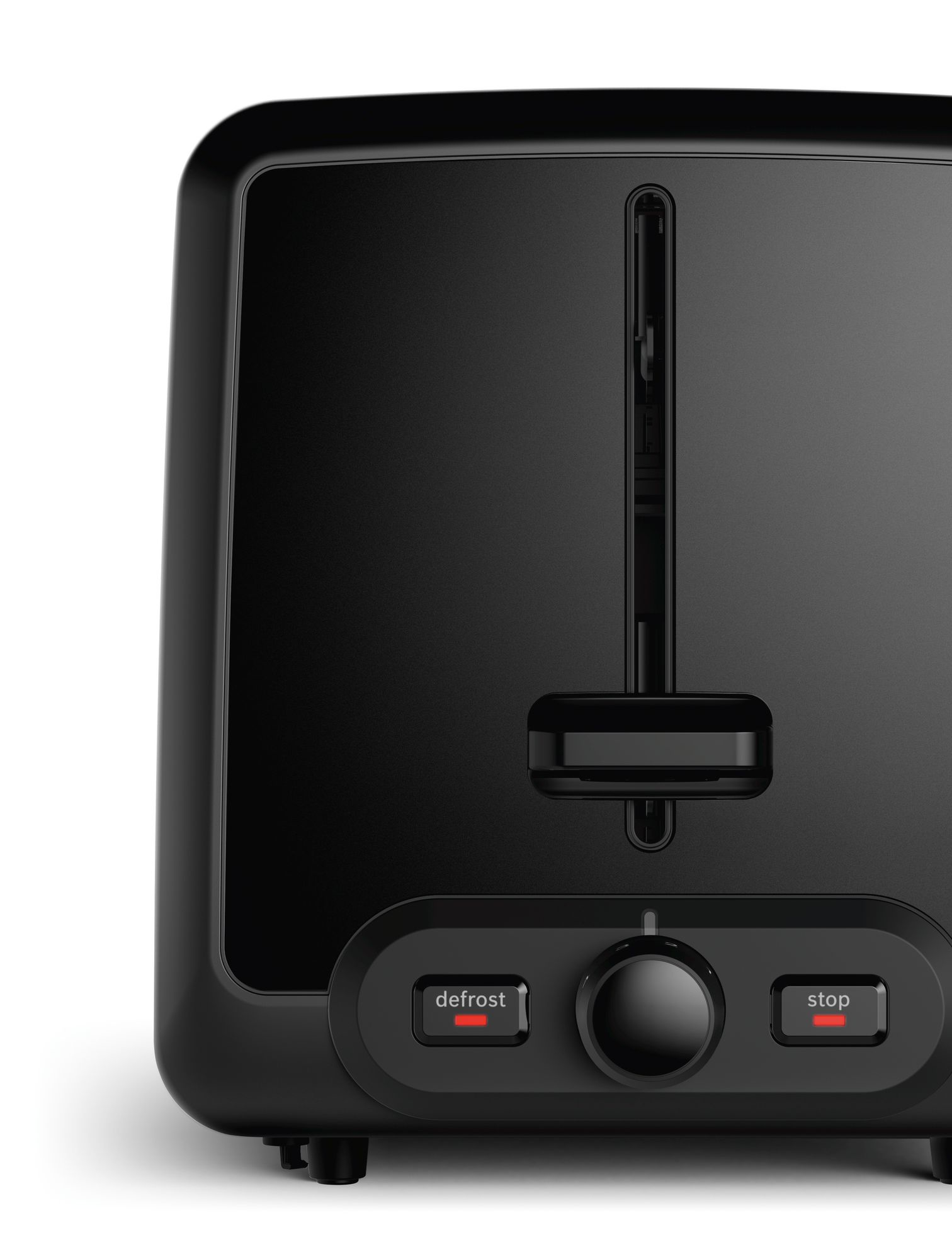 Czarny toster z elementami sterującymi. Widoczne przyciski rozmrażania i stop. Białe tło.
