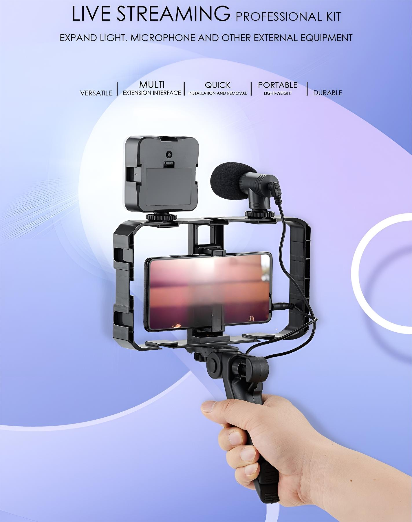 Ein Live-Streaming-Kit mit Telefon, Mikrofon, Licht und Griff.