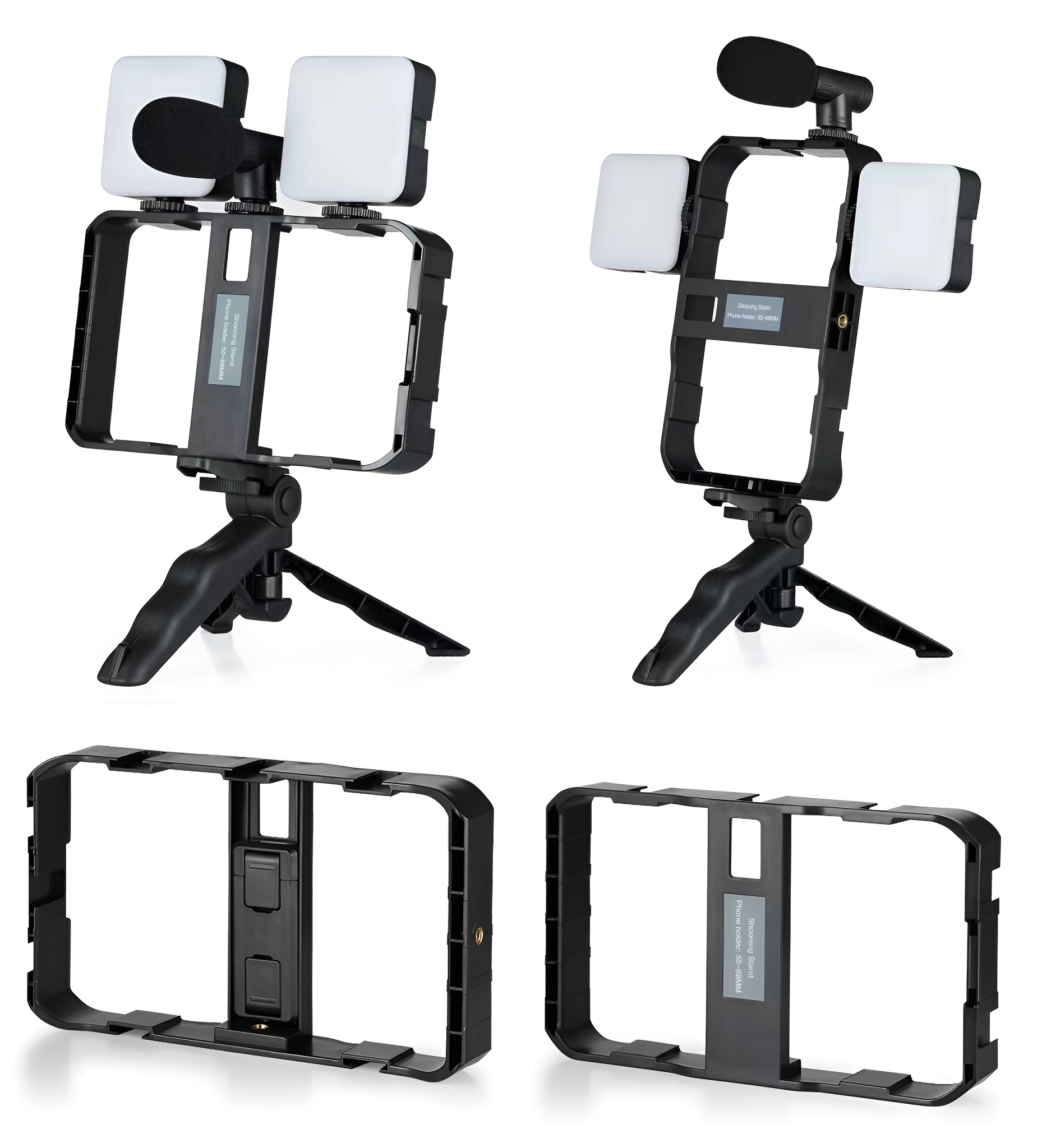 Smartphone-Setups mit Lichtern und Stativ. Beinhaltet zwei Setups: eines mit Mikrofon und eines ohne.