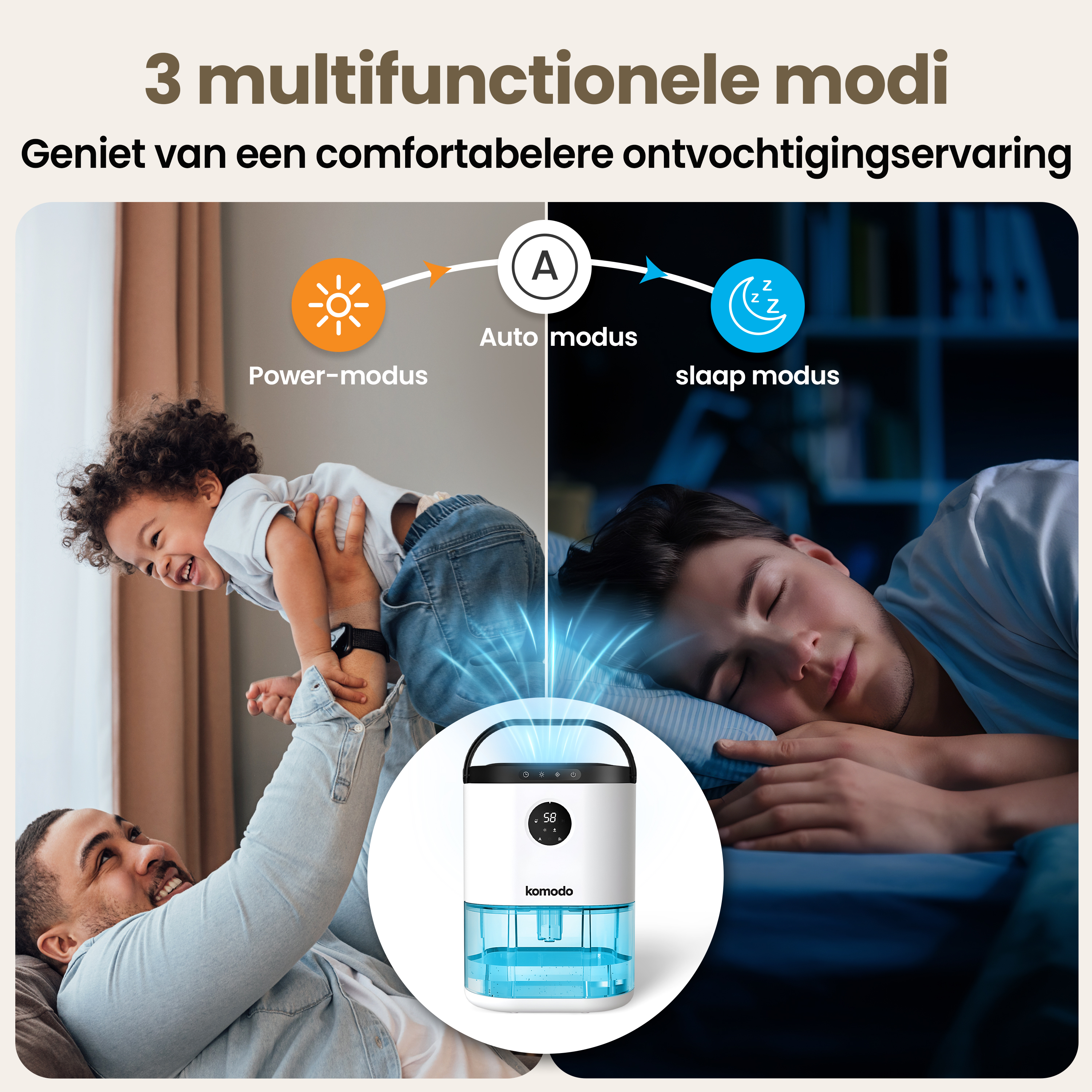 Ein Mann, der ein Kind hochhebt, zeigt drei verschiedene Modi eines Geräts.