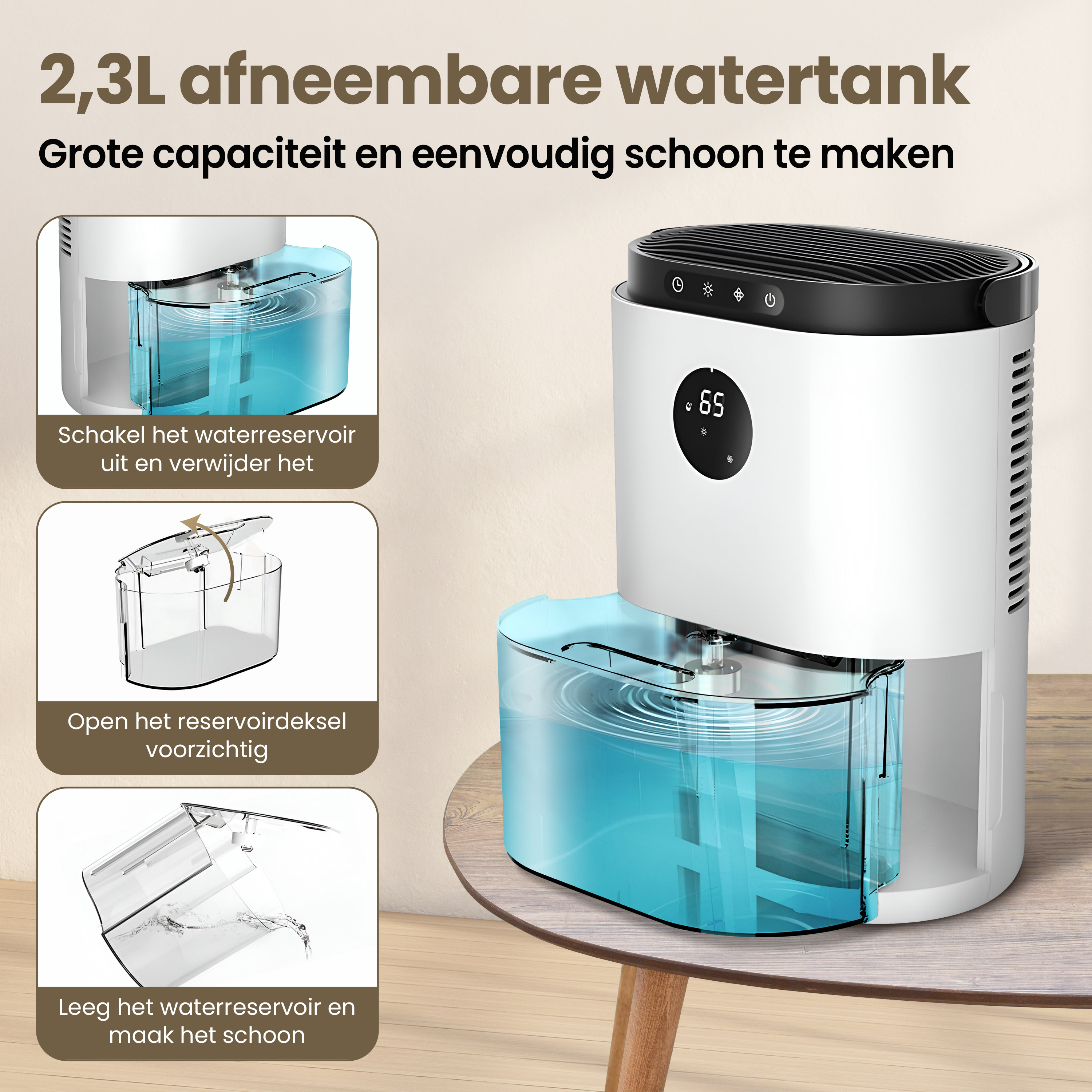 Luftentfeuchter mit Wassertank, der Wasserstände zeigt. Text zeigt, wie man den Tank entfernt und reinigt.