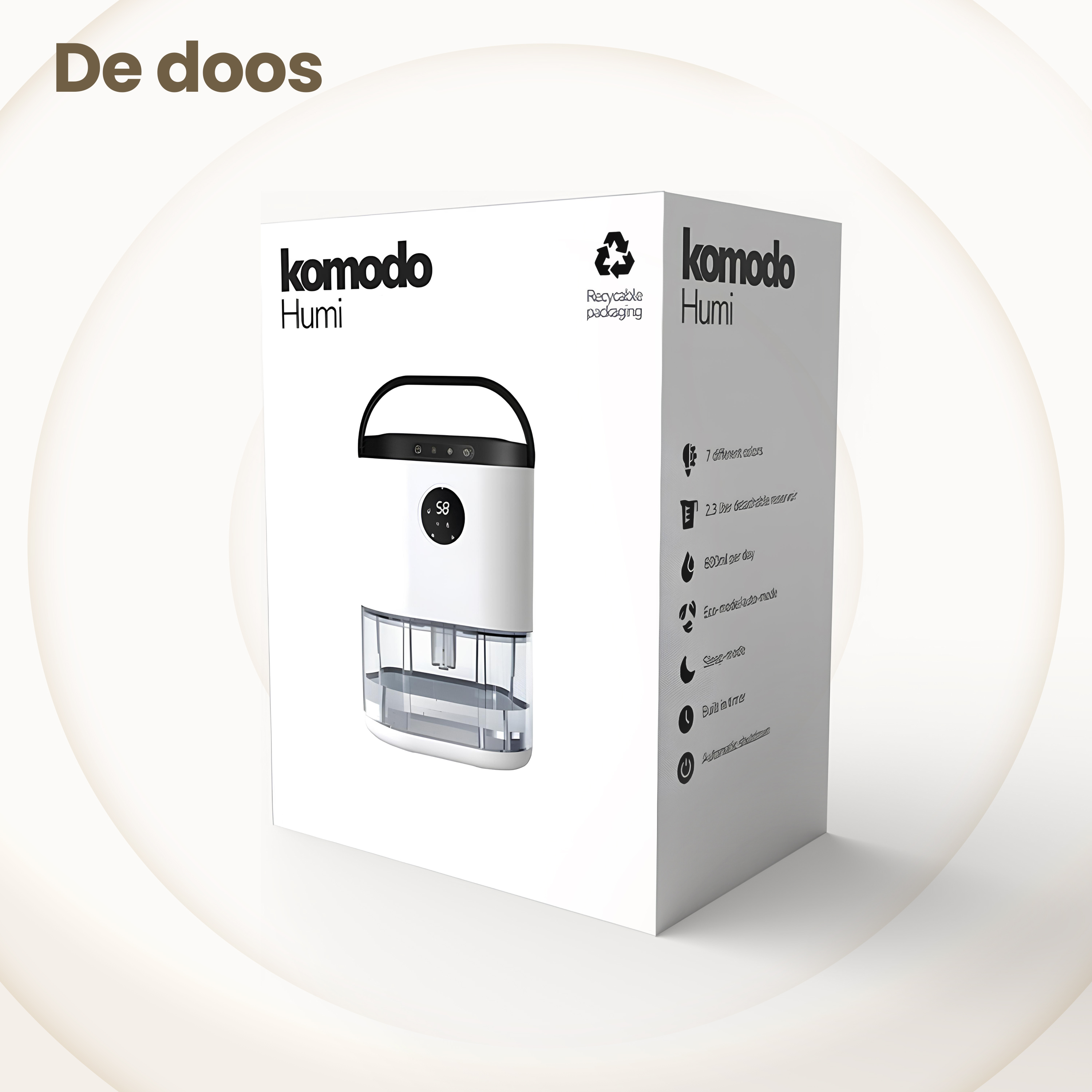Weiße Box mit der Aufschrift 'Komodo Humi' mit einem Luftbefeuchter. Text hebt Farben und Funktionen hervor.
