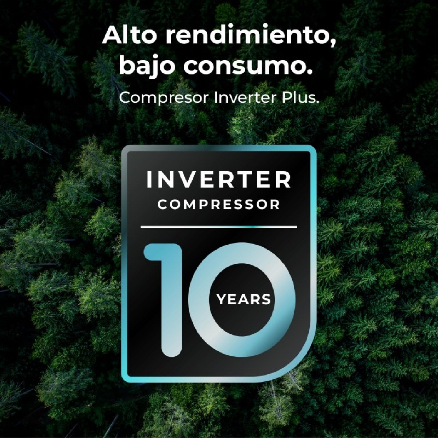 Reklama sprężarki inwerterowej. Zielone tło z drzewami i logo pokazującym 10 lat gwarancji.