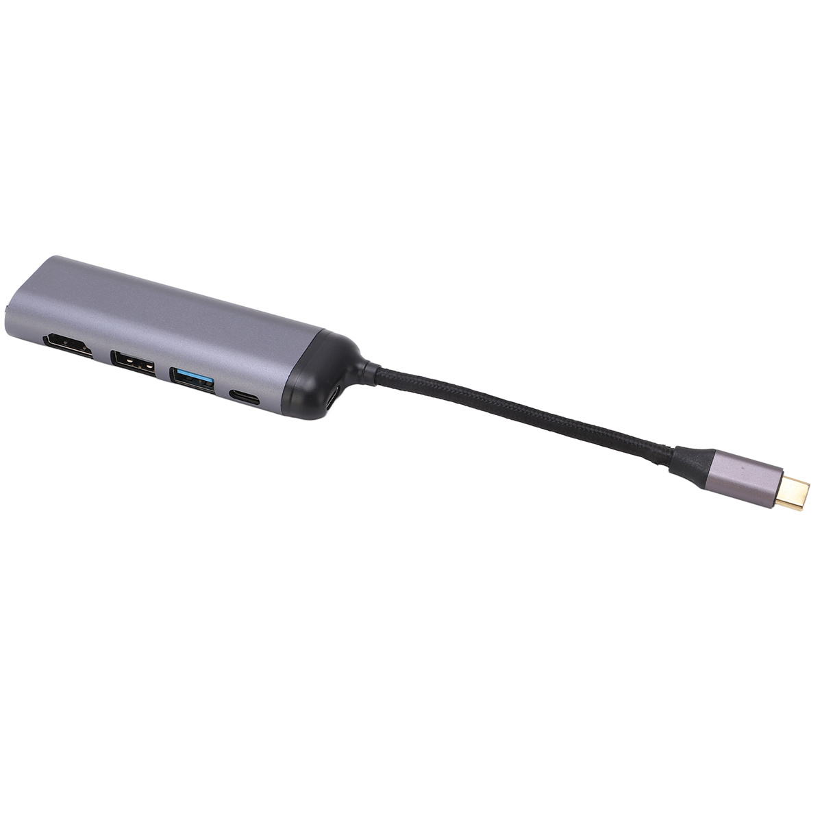 Grauer USB-C-Hub mit mehreren Anschlüssen, schwarzes Kabel angeschlossen. Auf weißem Hintergrund. HDMI, USB und mehr.