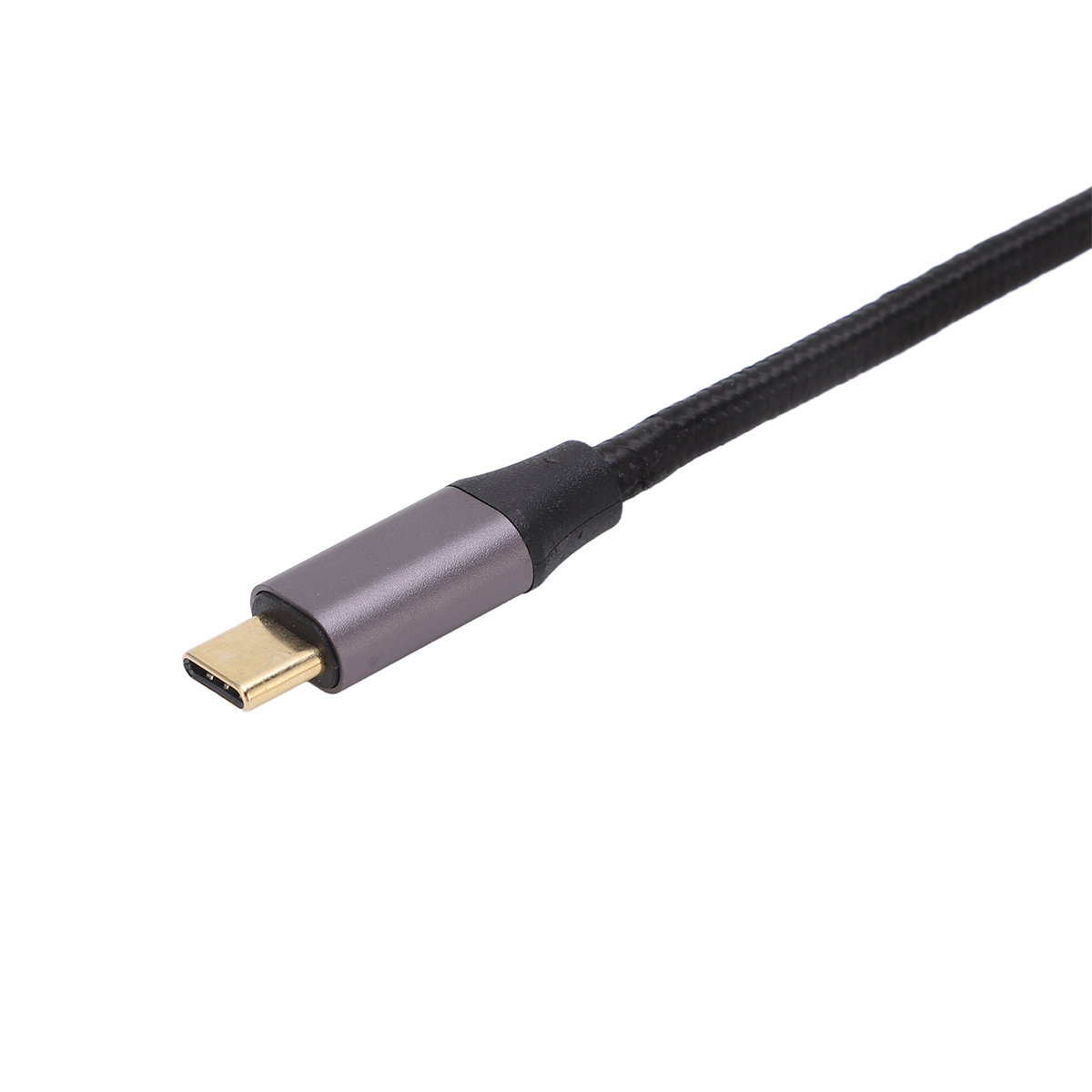 USB-C-Kabel mit grauem Stecker auf weißem Hintergrund.