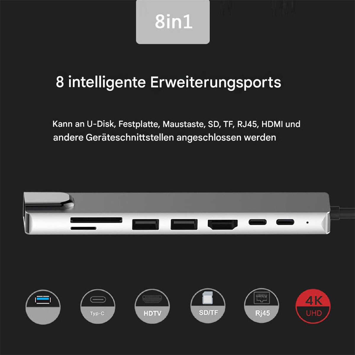 Ein 8-in-1 USB-Hub mit verschiedenen Anschlussports.