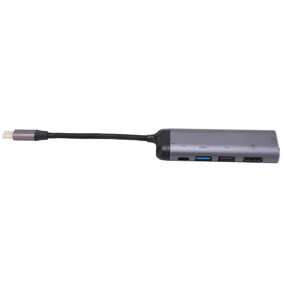 Grauer USB-C-Hub mit mehreren Anschlüssen, einschließlich USB 3.1, USB und HDMI. Schwarzes Kabel angeschlossen.