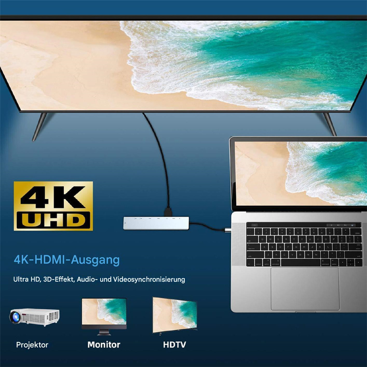 Laptop an Hub angeschlossen, dann an Monitor, HDTV und Projektor. Blauer Hintergrund.