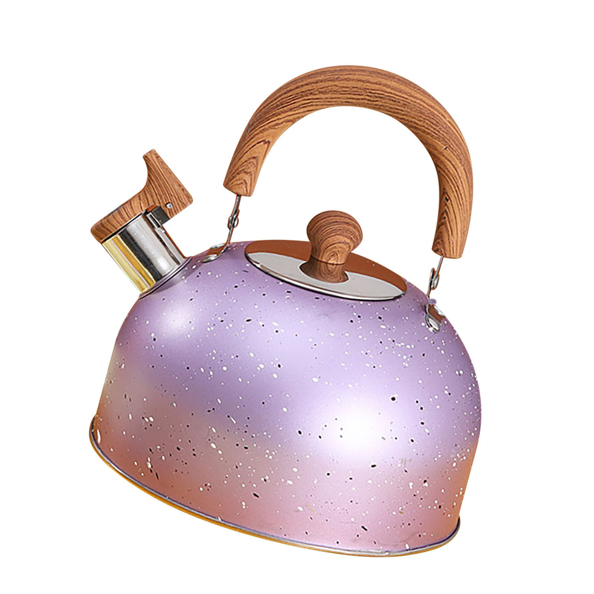 Lila Wasserkocher mit Holzgriff und -deckel. Weißer Hintergrund.