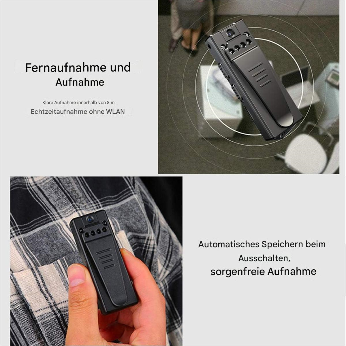 Eine kleine schwarze Kamera mit Text, der ihre Funktionen beschreibt.