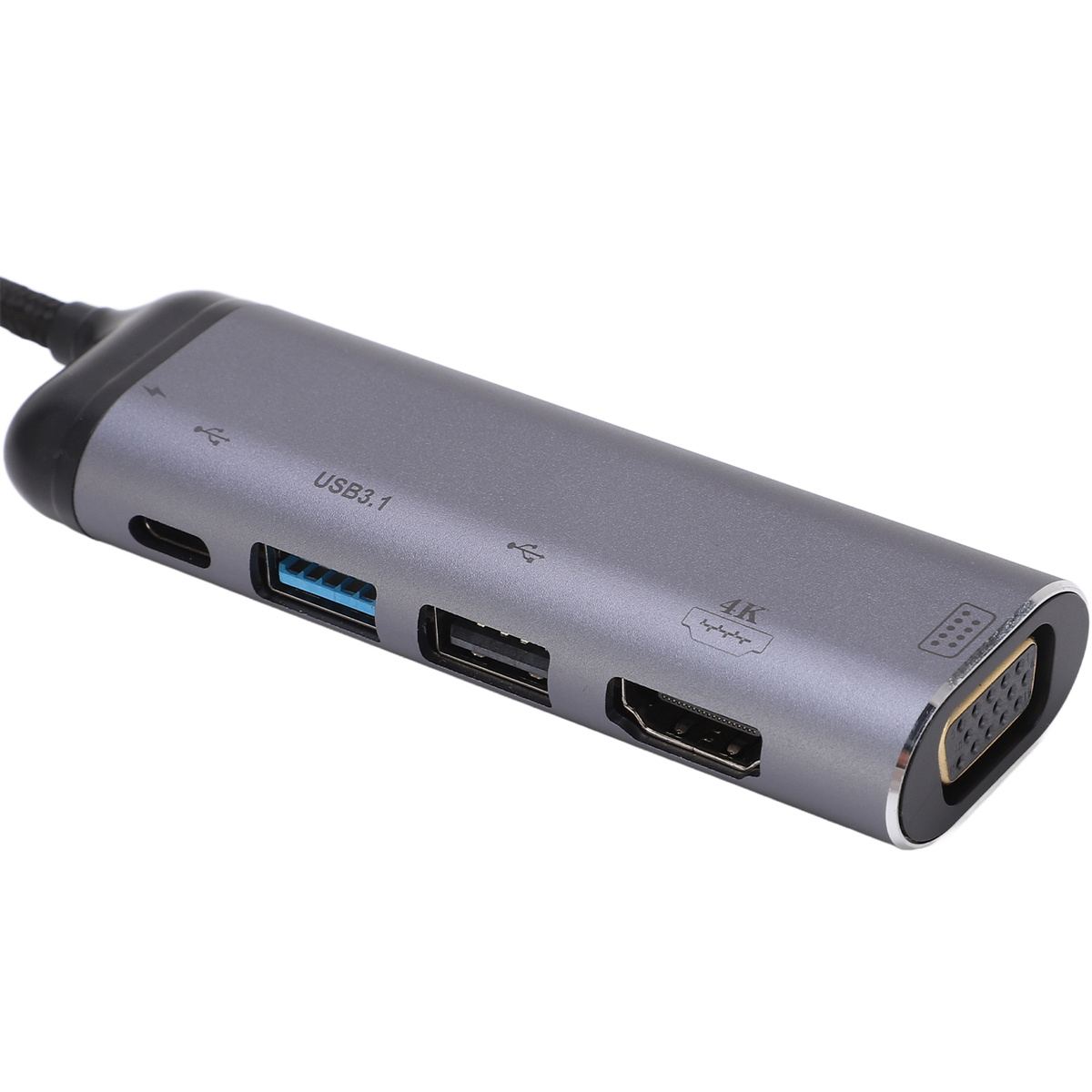 Ein grauer USB-C-Adapter mit mehreren Anschlüssen, darunter USB 3.1, HDMI und ein VGA-Anschluss.