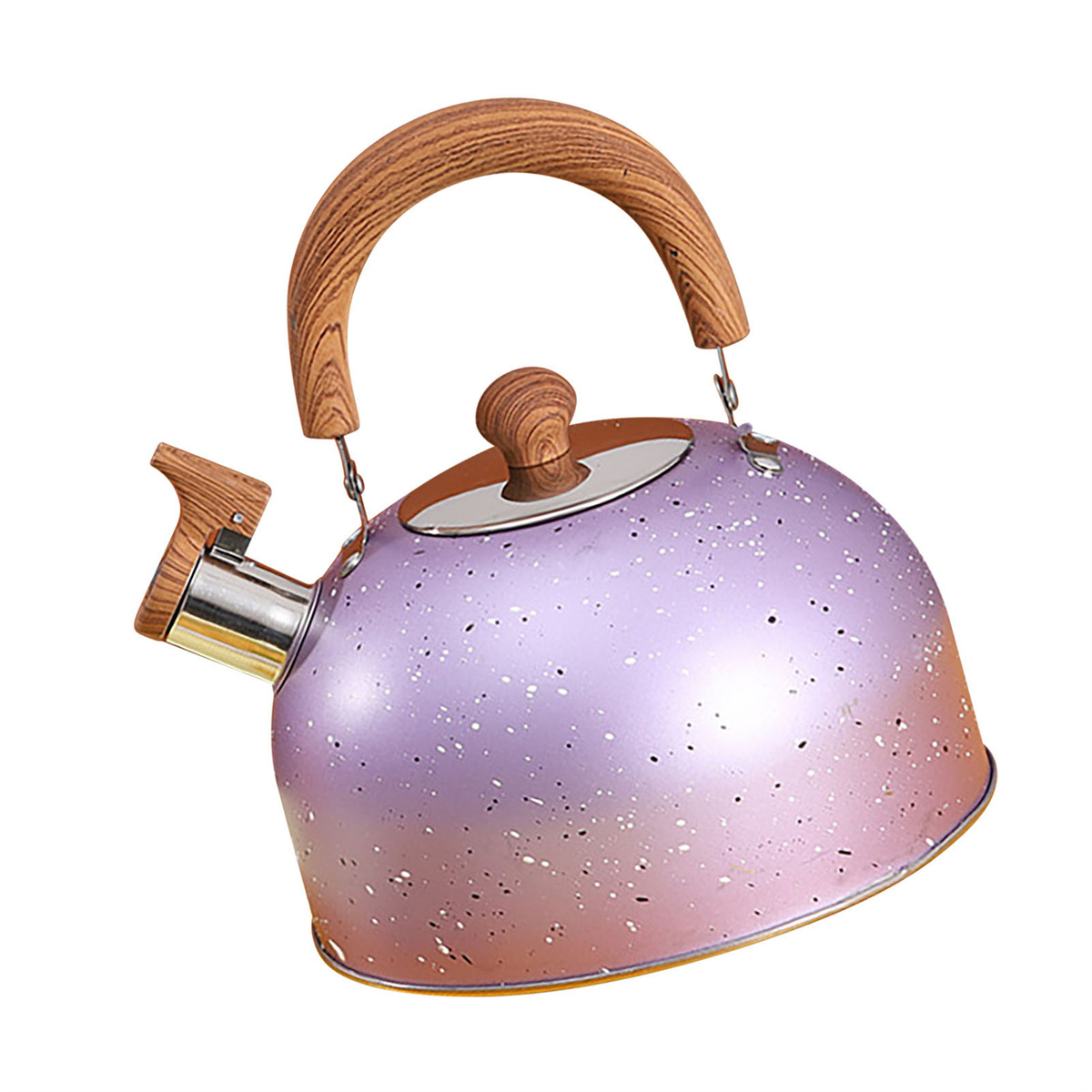 Lila-goldene Teekanne mit Holzgriff, vor weißem Hintergrund.