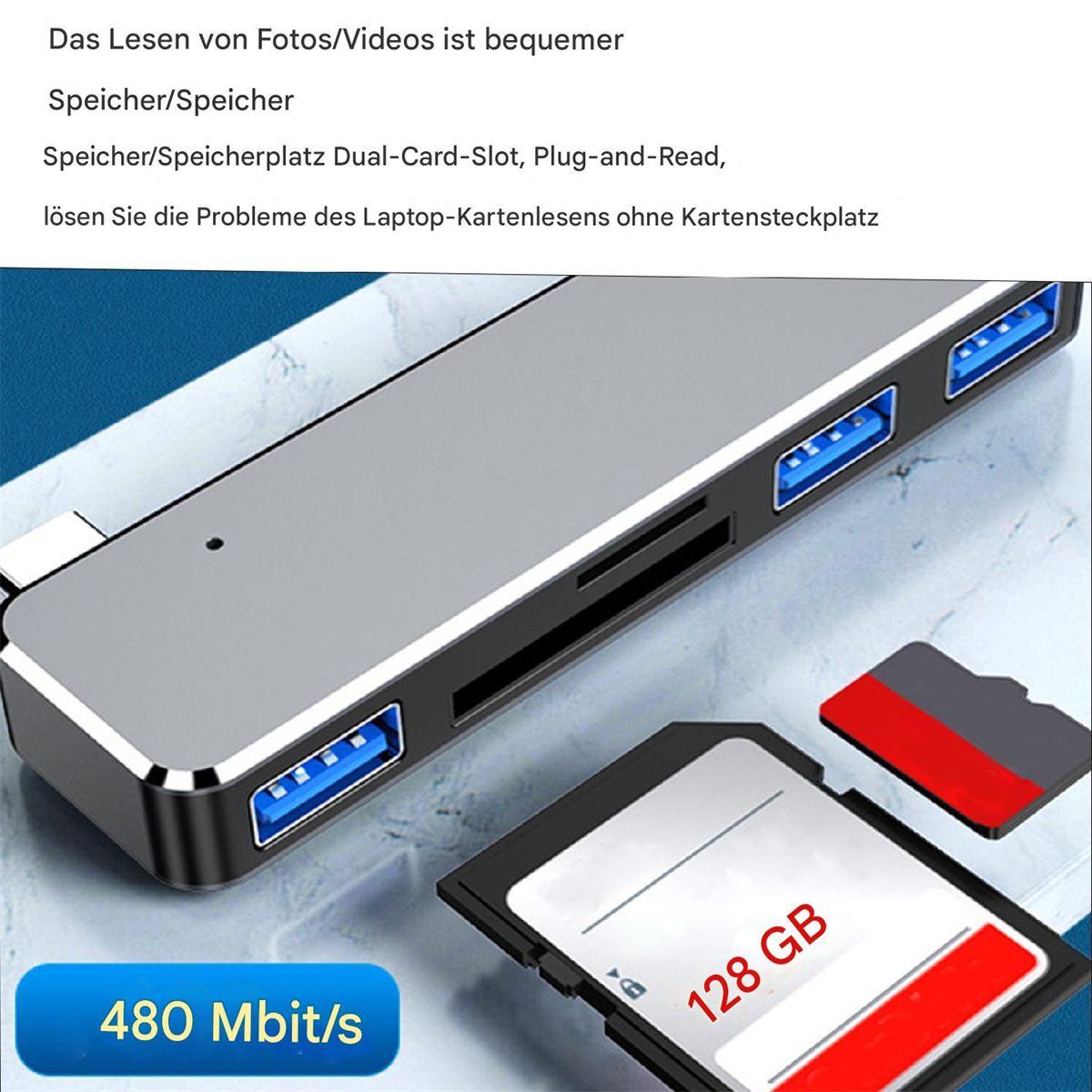 Ein silberner USB-Hub mit SD-Kartensteckplatz und einer 128-GB-Speicherkarte, an einen Laptop angeschlossen.