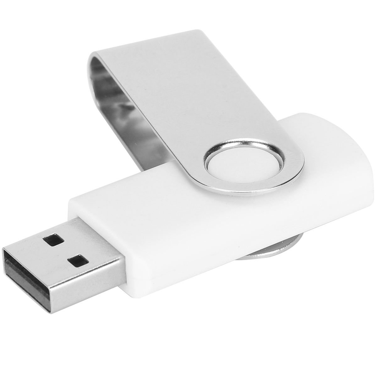 Ein weißer USB-Stick mit silbernem Drehdeckel auf weißem Hintergrund.
