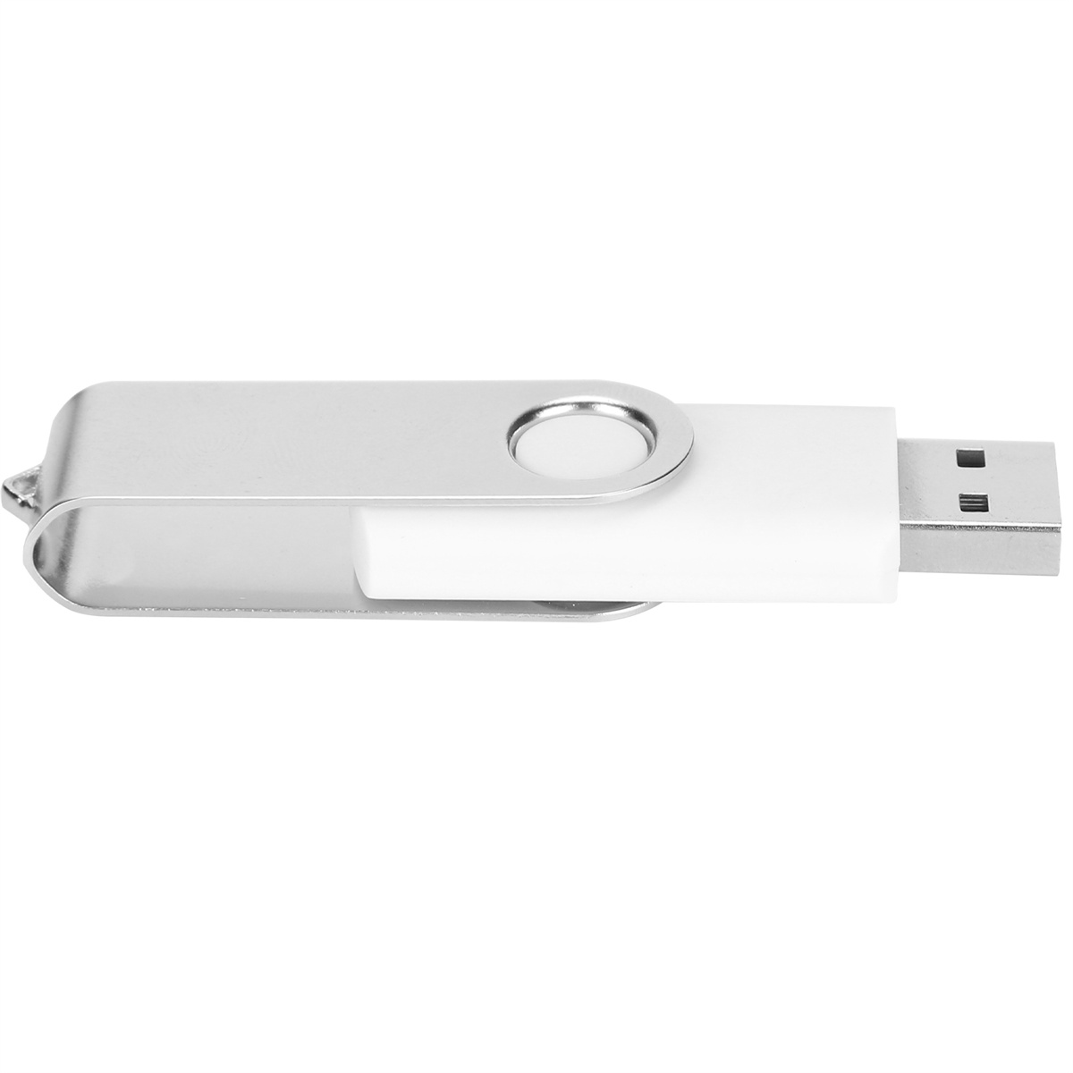 Ein weißer und silberner USB-Stick. Er hat ein drehbares Silberteil und einen USB-Anschluss.