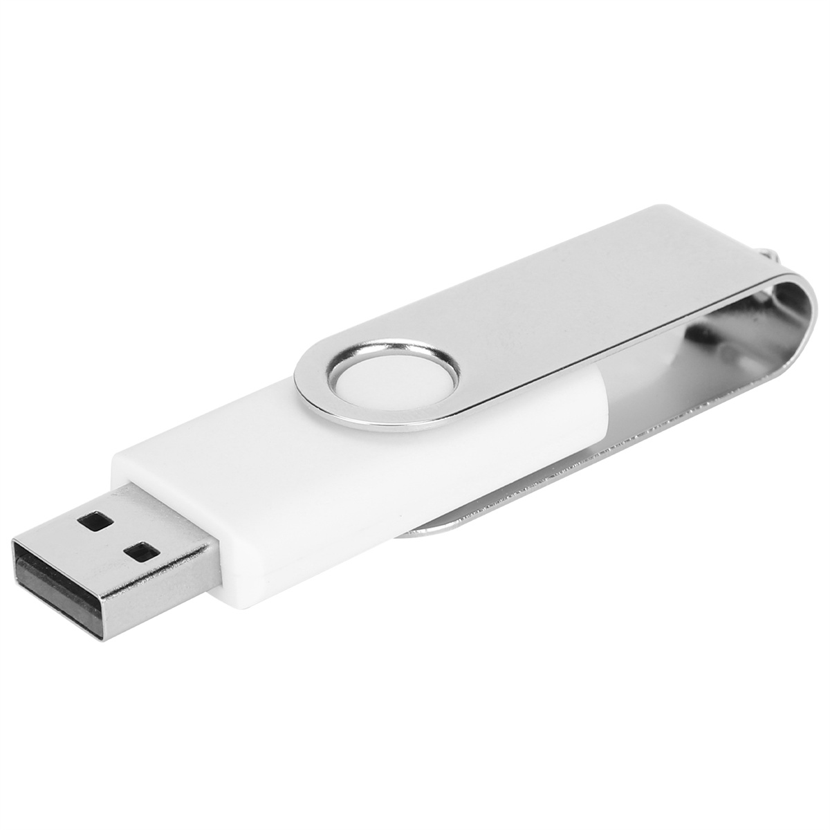 Weißer und silberner USB-Stick. Der USB-Anschluss ist sichtbar.