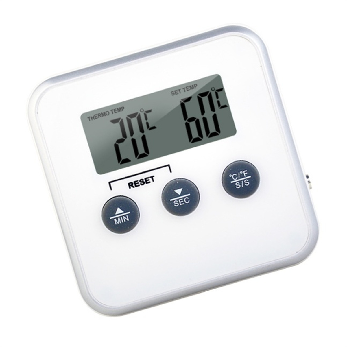 Ein weißer digitaler Küchentimer mit schwarzen Zahlen. Der Timer hat Knöpfe und einen kleinen Bildschirm.