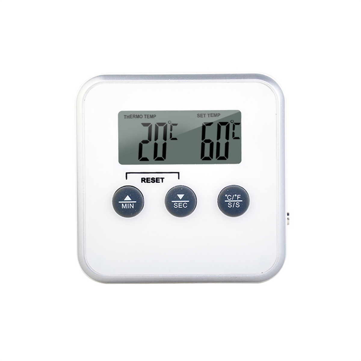 Ein digitaler Küchentimer mit einem Bildschirm, der Temperatur und Zeit anzeigt, mit Tasten.