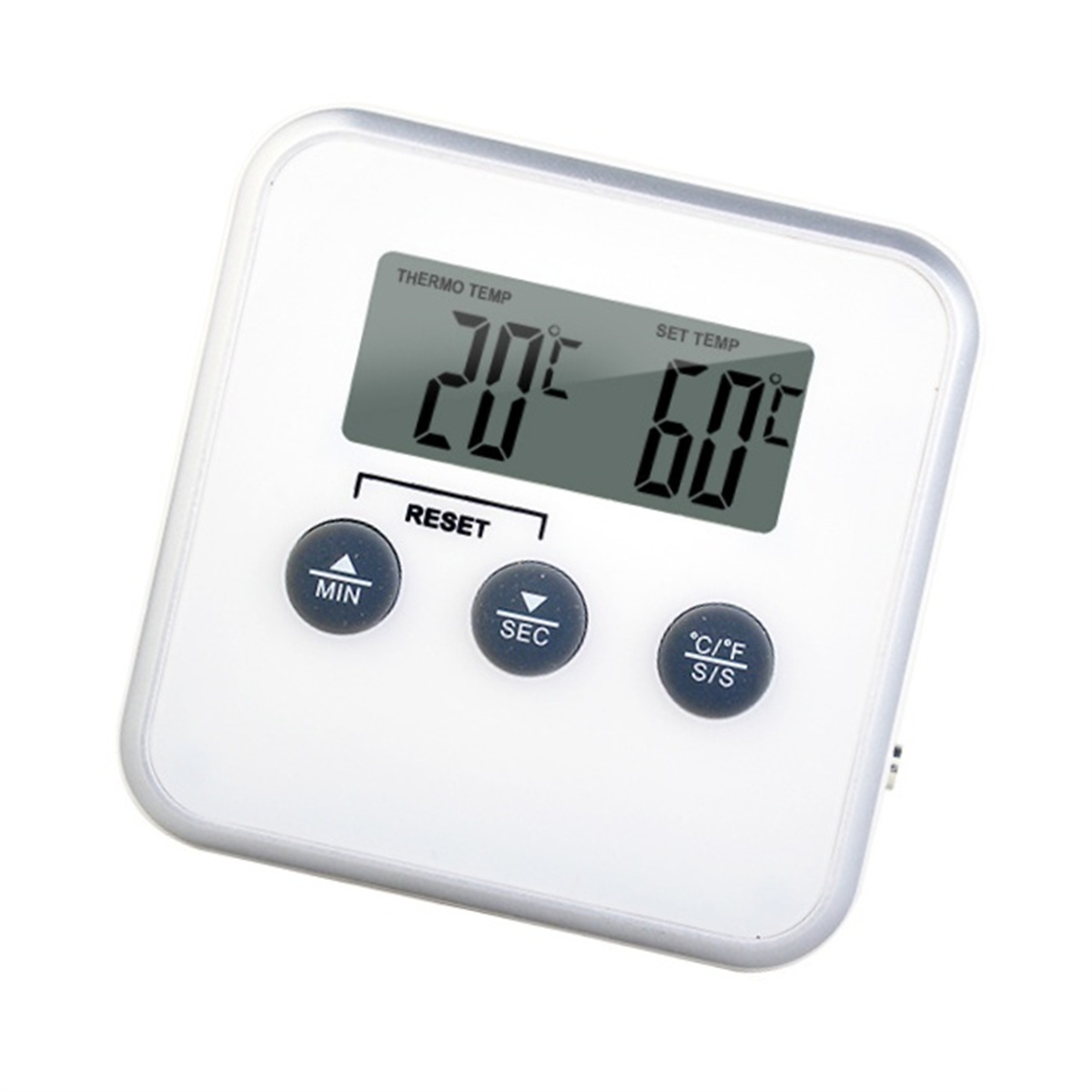 Weißer digitaler Küchentimer mit Anzeige 20 und 60, darunter drei Tasten. 
