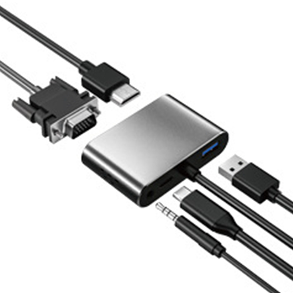 Silberner Multiport-Adapter mit angeschlossenen Kabeln: VGA, USB-C, USB und AUX. Schwarze Anschlüsse und Kabel sind sichtbar.
