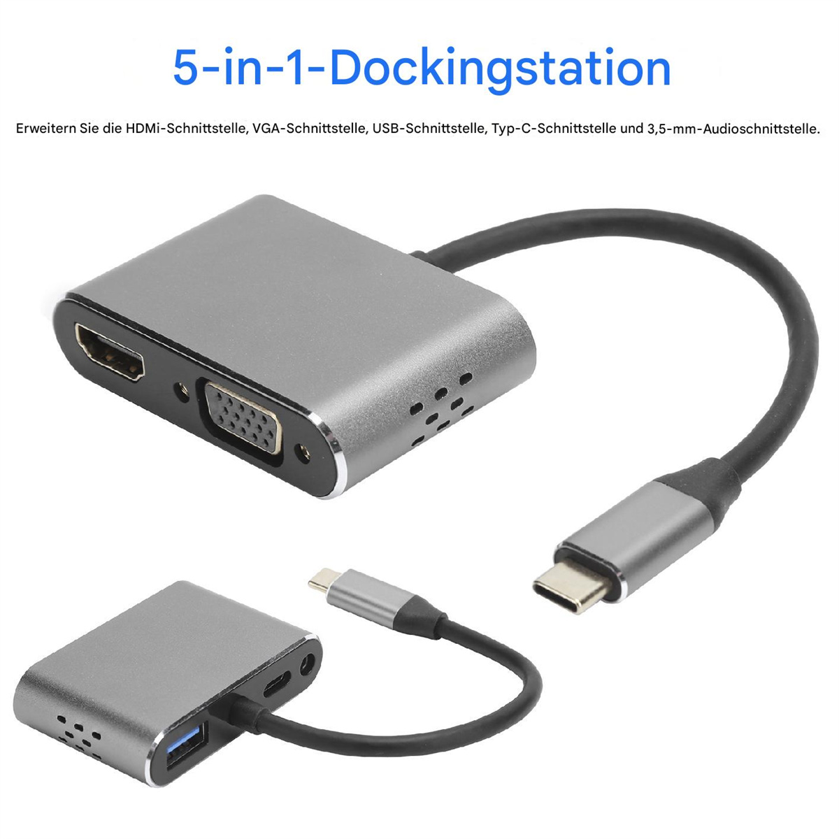 Eine silberne 5-in-1-Dockingstation mit verschiedenen Anschlüssen: HDMI, VGA, USB und Typ-C, mit angeschlossenem Kabel.