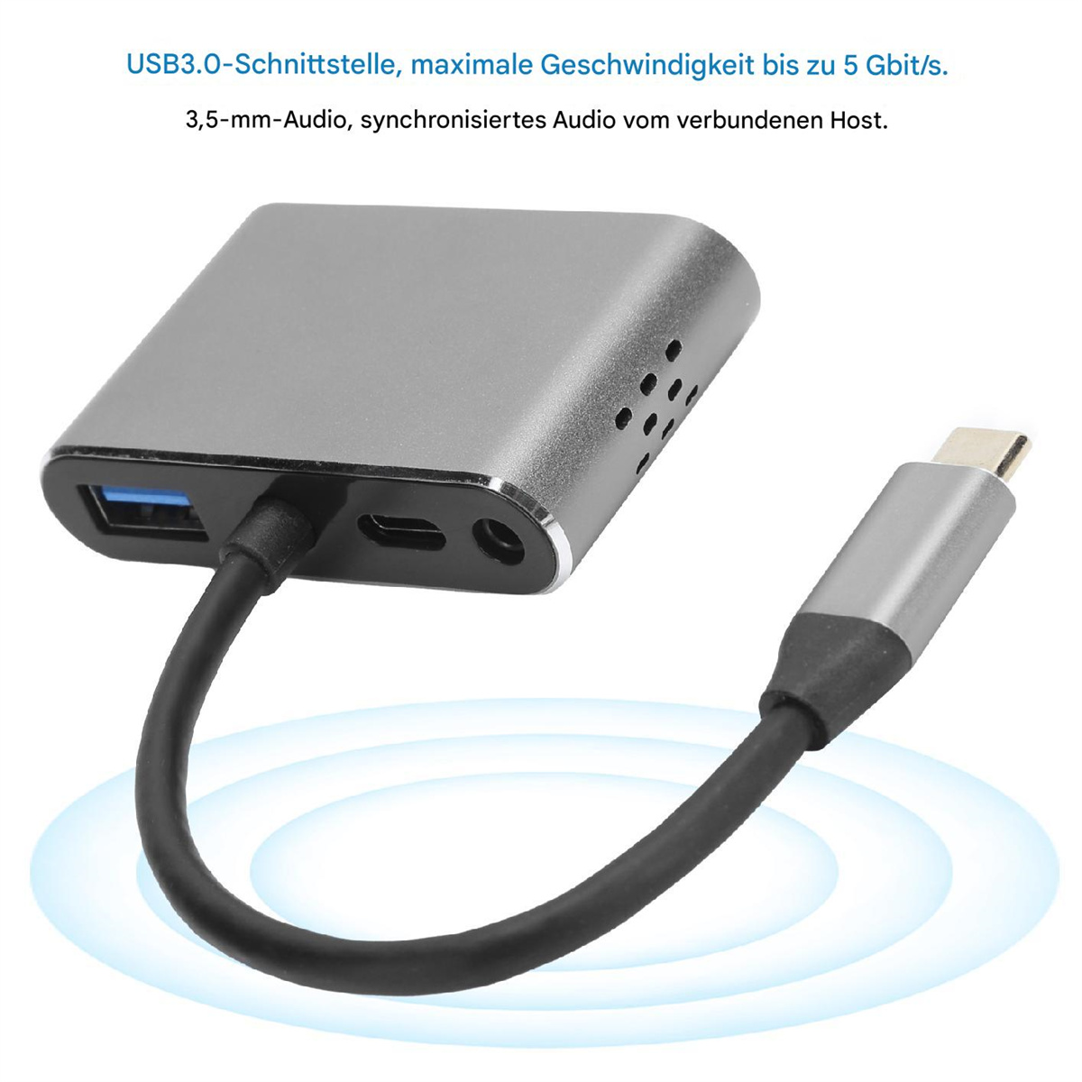 Ein grauer USB-C-Hub mit USB- und Audioanschlüssen, verbunden mit einem USB-C-Kabel.