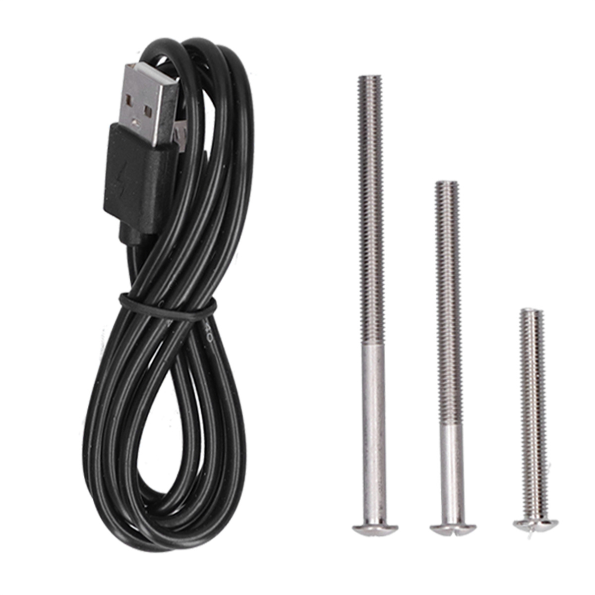 Ein schwarzes USB-Kabel und drei silberne Schrauben auf weißem Hintergrund.