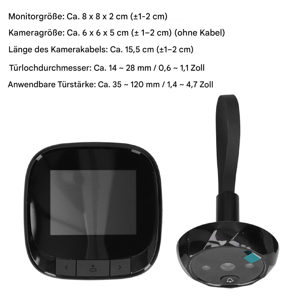 Schwarzer Türspion und ein separater Monitor mit Maßangaben auf weißem Hintergrund.