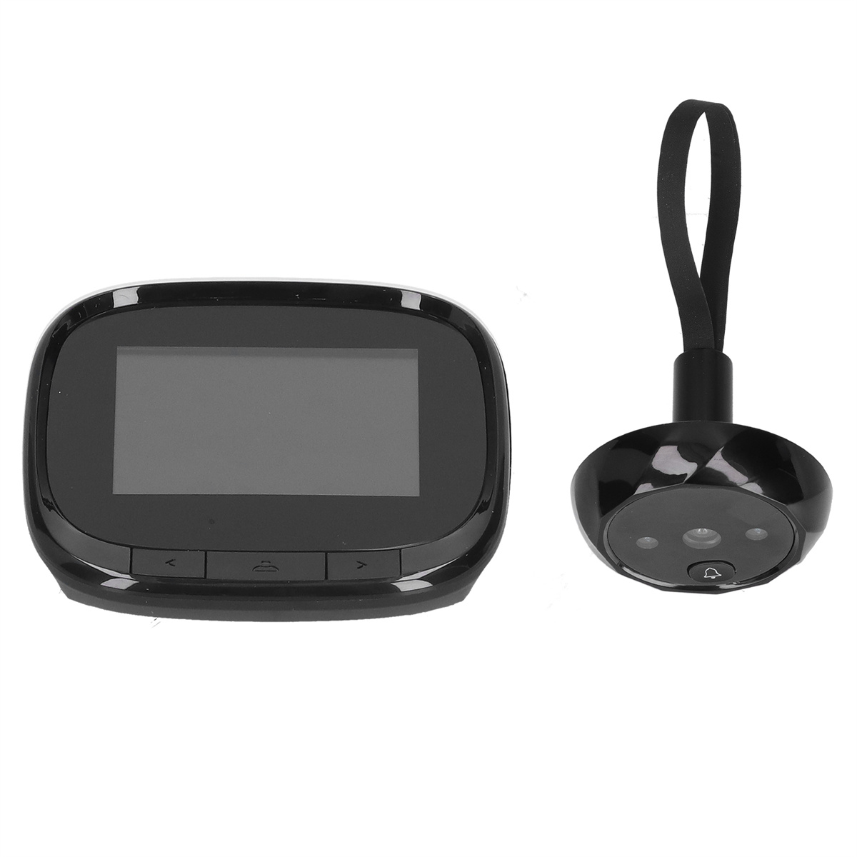 Schwarze Türklingelkamera und Display. Display hat Bildschirm und Knöpfe. Die Kamera ist rund.