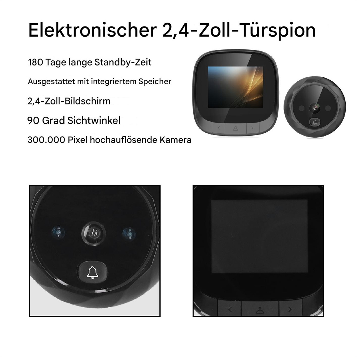 Komponenten einer Türklingel: Bildschirm, Kamera und Nahaufnahme der Kamera.