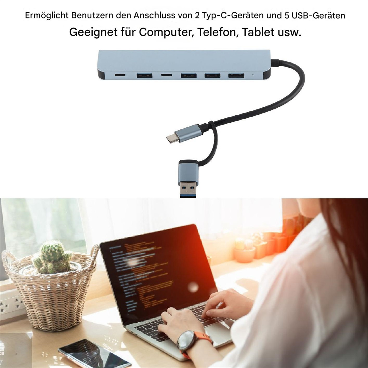 Ein USB-Hub mit verschiedenen Anschlüssen, einem Kabel und einer Frau, die im Hintergrund einen Laptop benutzt.