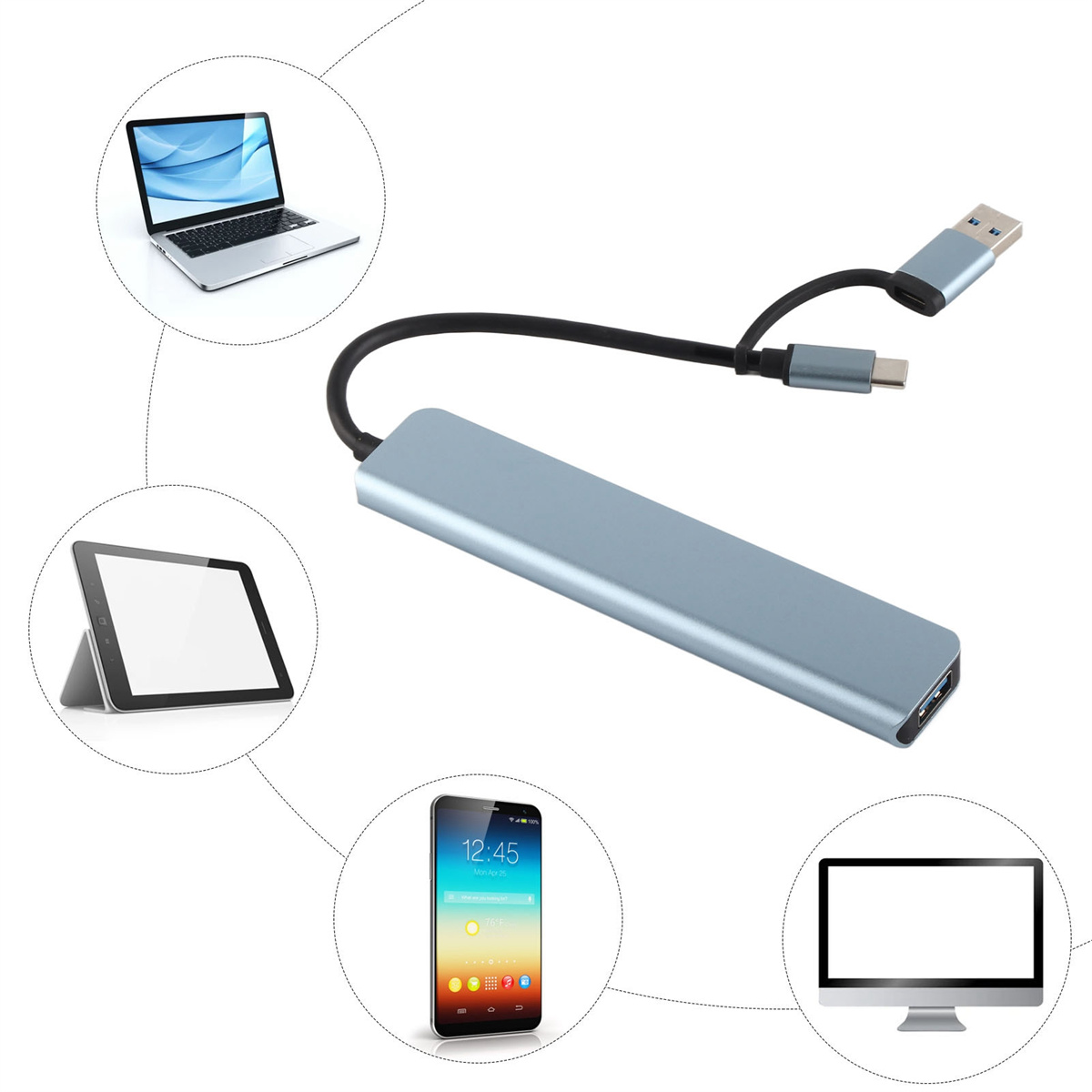 Ein Hub mit mehreren angeschlossenen Geräten: Laptop, Tablet, Telefon und Monitor.