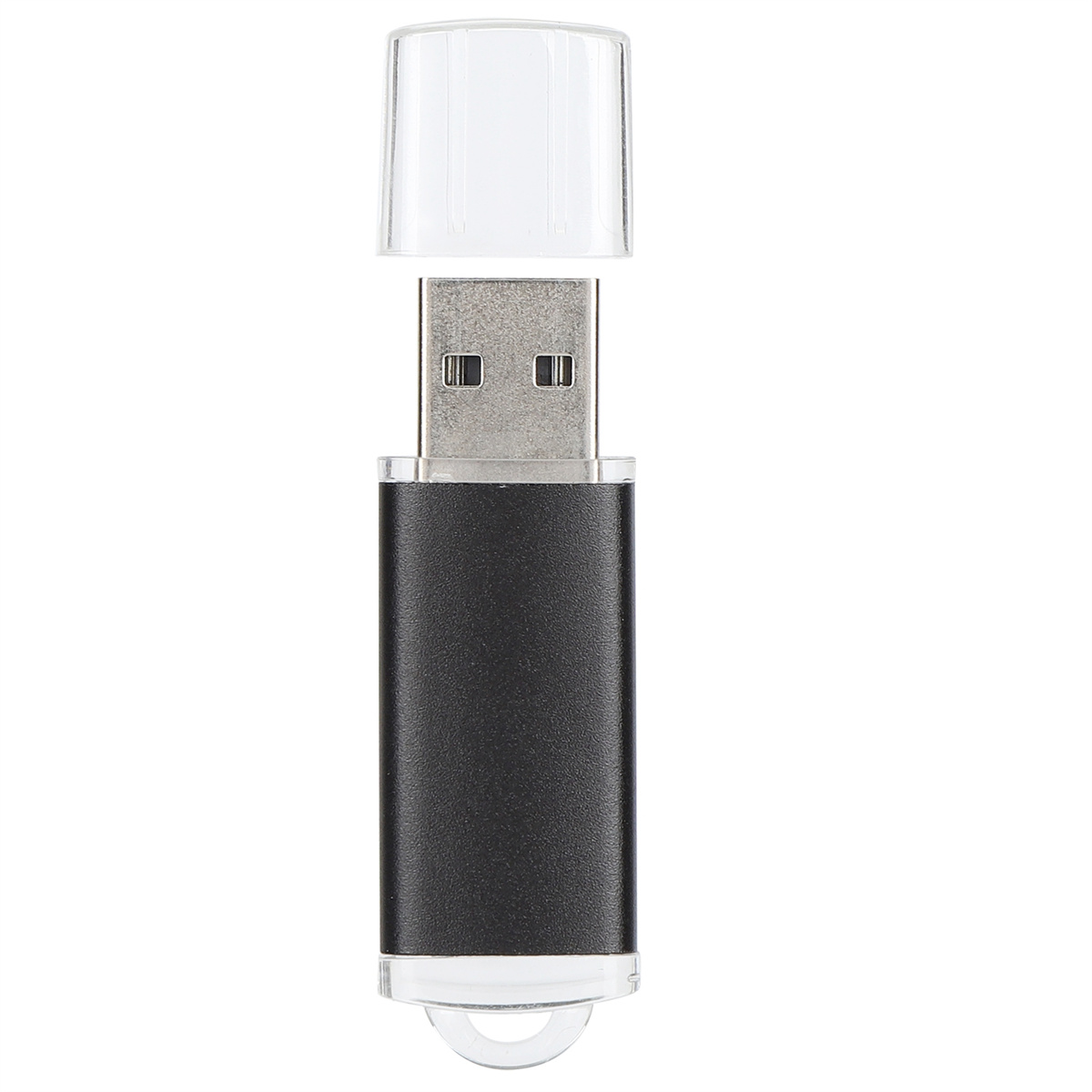 Schwarzer und silberner USB-Stick mit Kappe. Weißer Hintergrund.