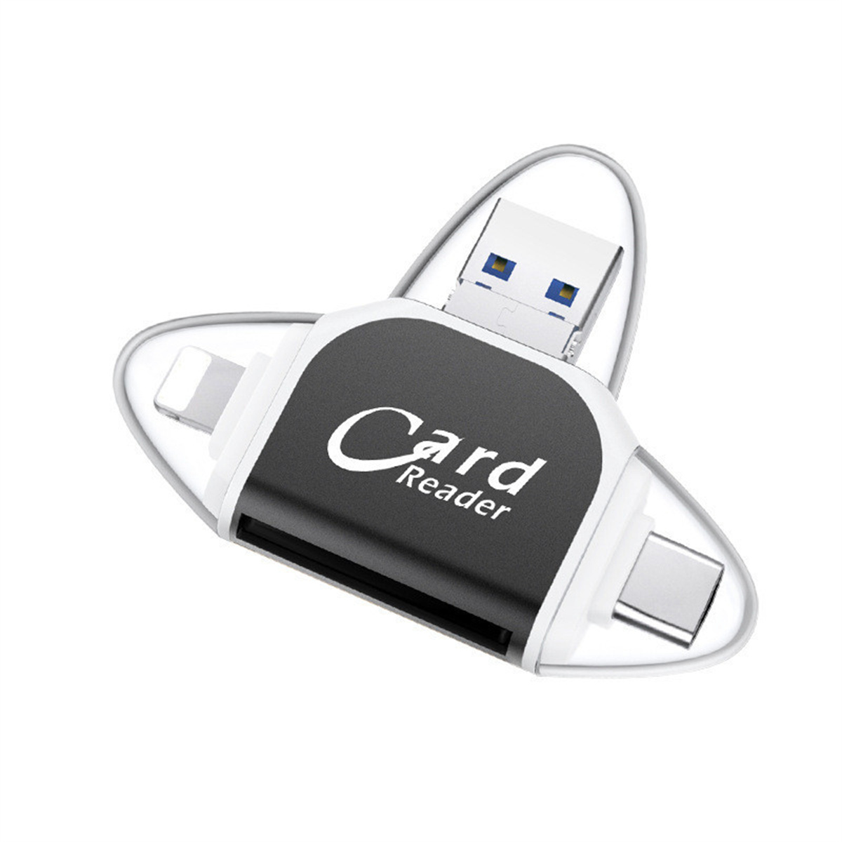 Kartenleser in Weiß und Schwarz. Hat einen USB-, einen Lightning- und einen USB-C-Anschluss.