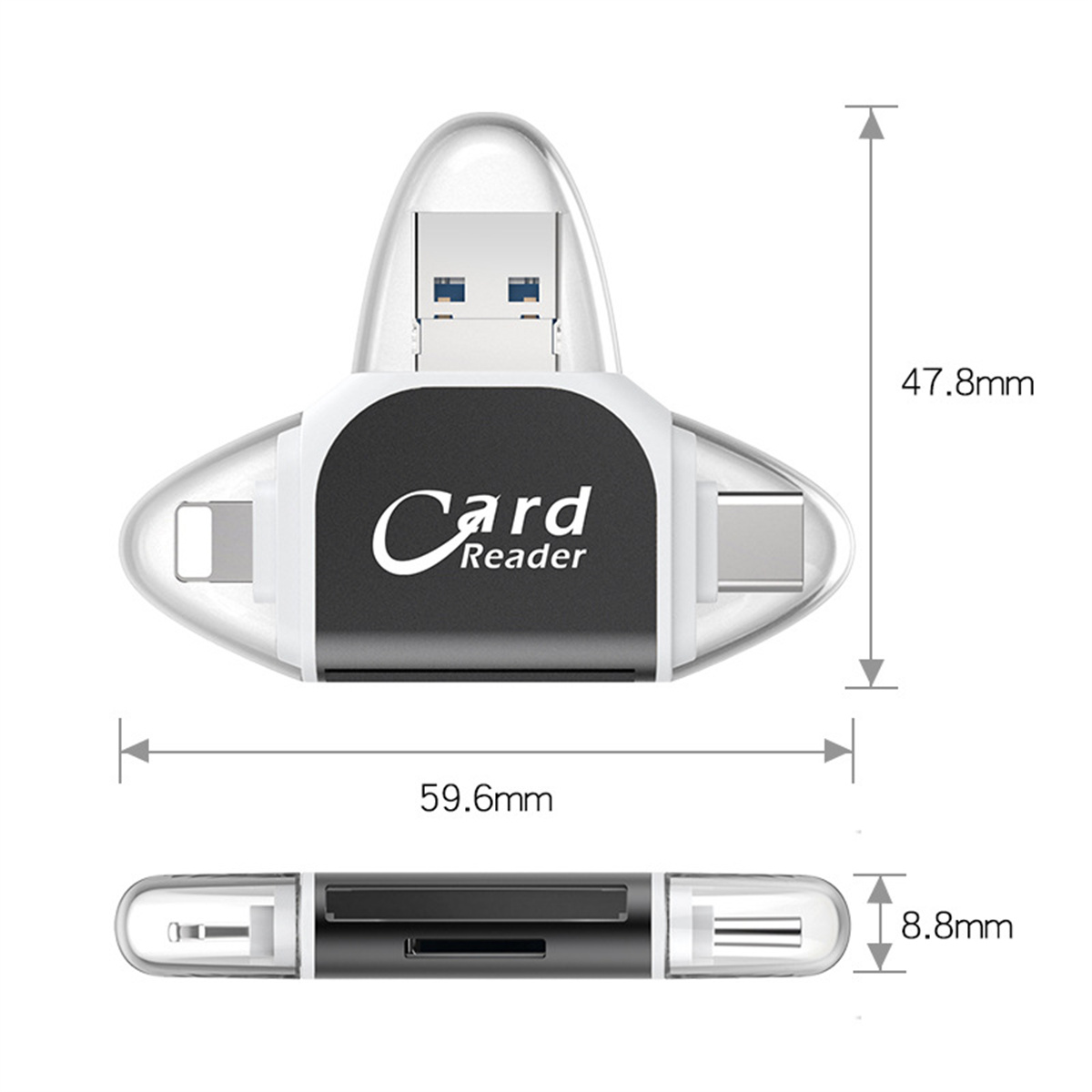 Ein Kartenleser mit USB- und Lightning-Anschlüssen, mit Abmessungen auf weißem Hintergrund.