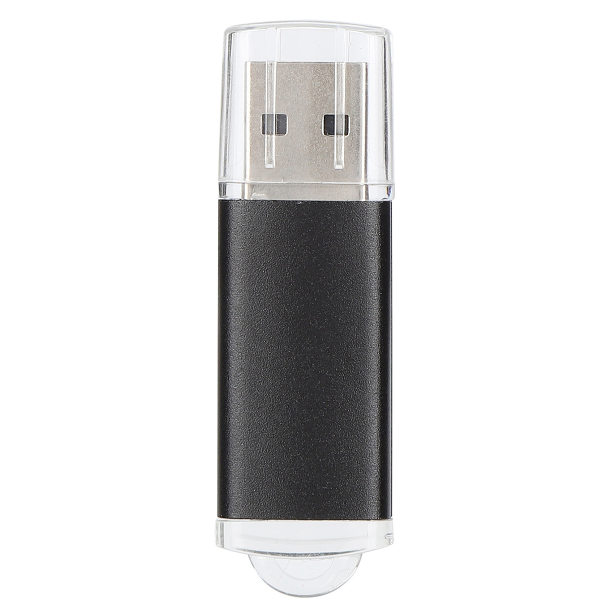 Schwarzer USB-Stick mit transparentem Deckel. Der Stick befindet sich auf weißem Hintergrund.