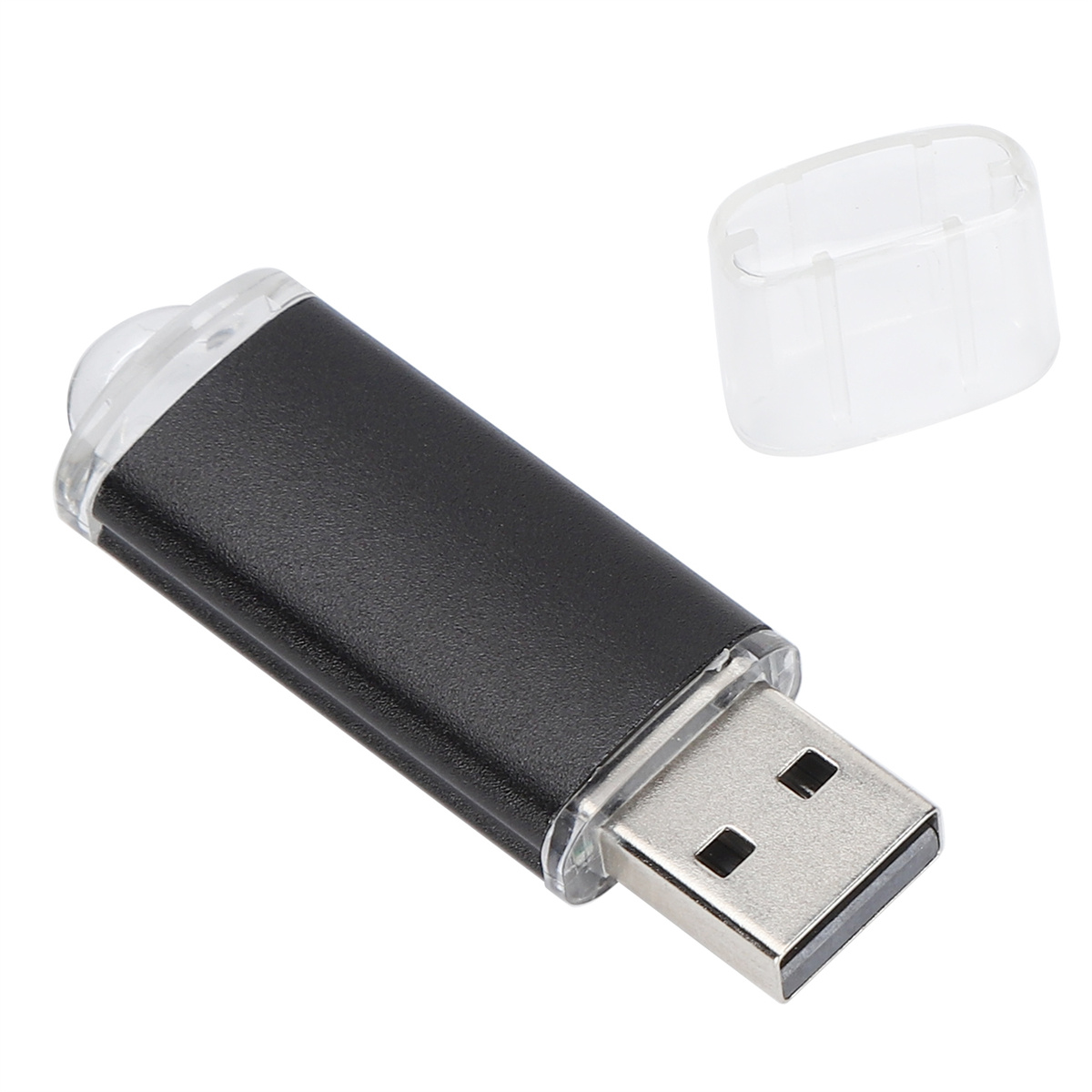 Ein schwarzer USB-Stick mit durchsichtiger Kappe, platziert auf einer weißen Oberfläche.